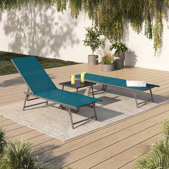 Lot de 2 transats de jardin inclinables KAILUA en acier gris anthracite et toile bleu canard - Image 1