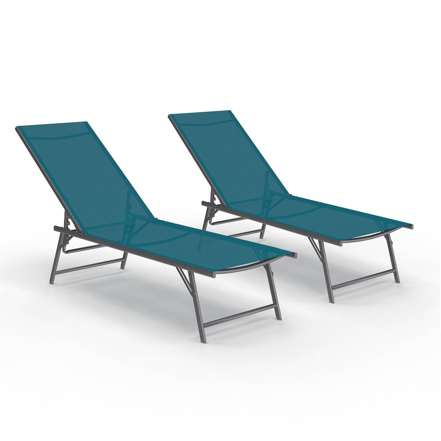 Lot de 2 transats de jardin inclinables KAILUA en acier gris anthracite et toile bleu canard - Image 2