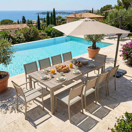 Oviala - Table de jardin en aluminium et céramique effet bois 206 cm crème Tivoli - Oviala - Image 6
