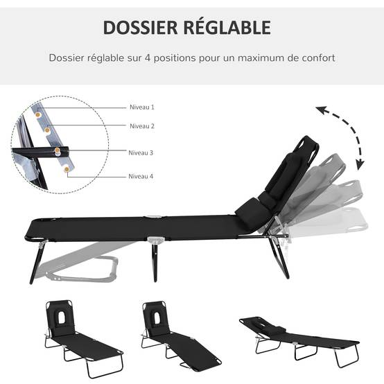 Bain de Soleil Pliable transat inclinable 4 Positions Chaise Longue 3 Coussins fournis Noir fr108 - Image 6