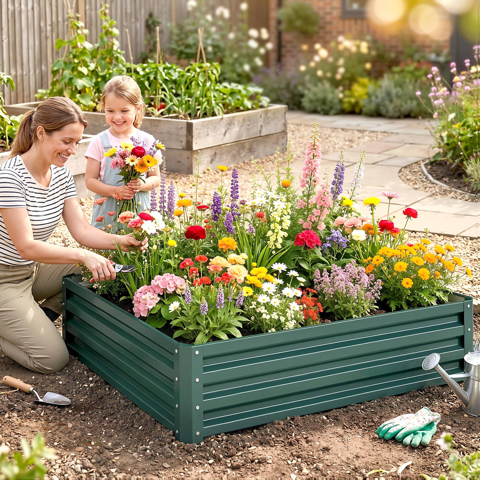 Sans Marque - Carré potager jardin tôle acier ondulée 120x120x30 cm vert foncé - Image 3