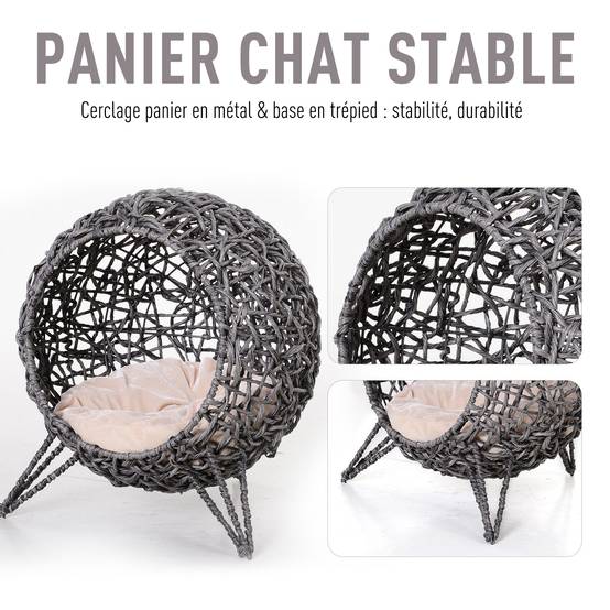 Panier pour chat surélevé résine tressée imitation rotin gris 52 x 52 x 58 cm - PANGIVO - Image 6