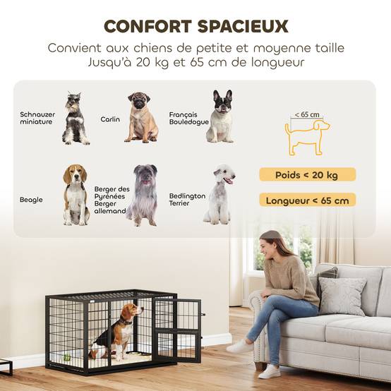Cage chien robuste acier intérieur porte nourrissage plateau amovible 94x60x64cm noir - ComfortXL Outdoor Living - Image 10