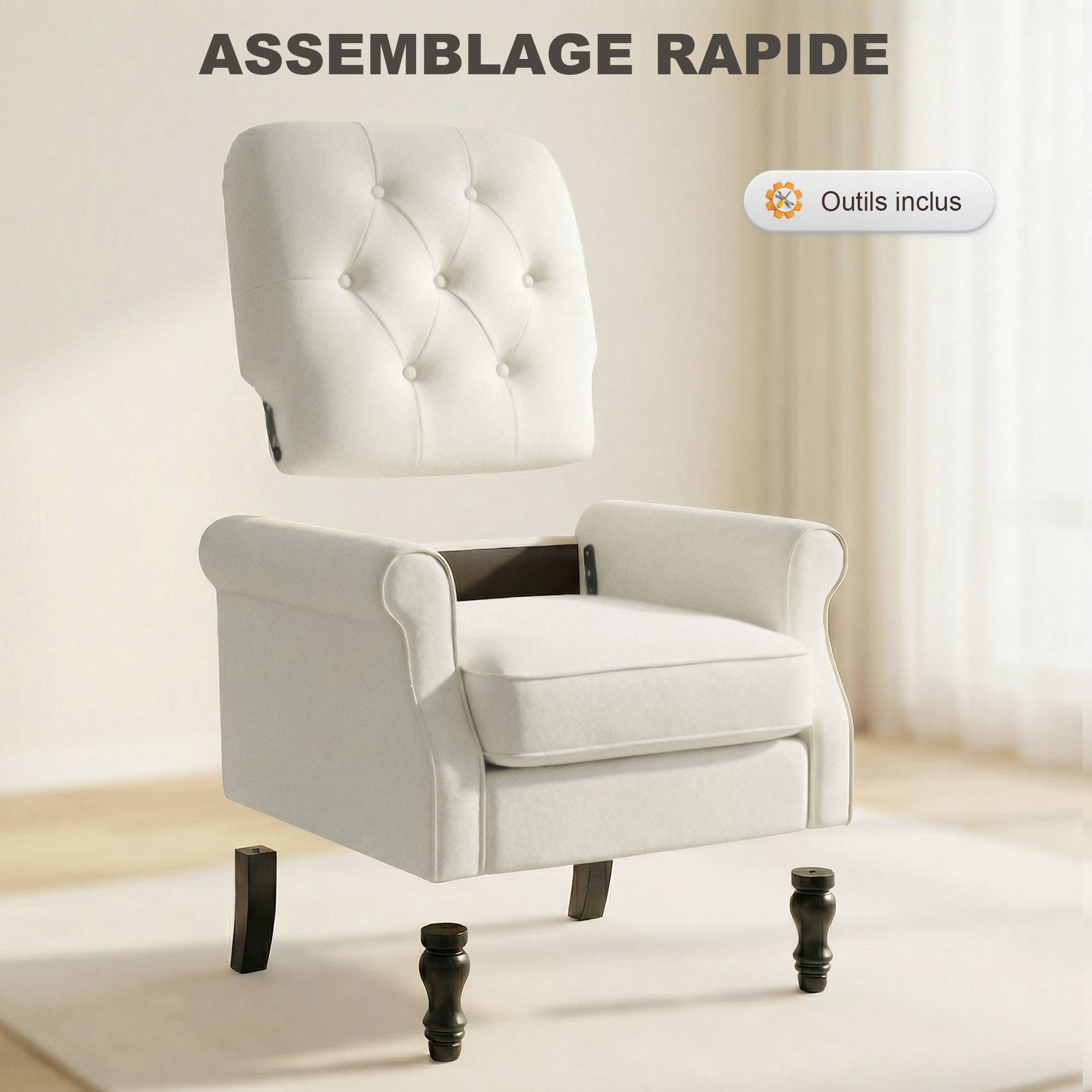 Fauteuil de salon, canapé 1 place avec assise rembourrée épaisse, coussin à ressorts, tissu en lin, 69x75x90cm, crème - Image 8