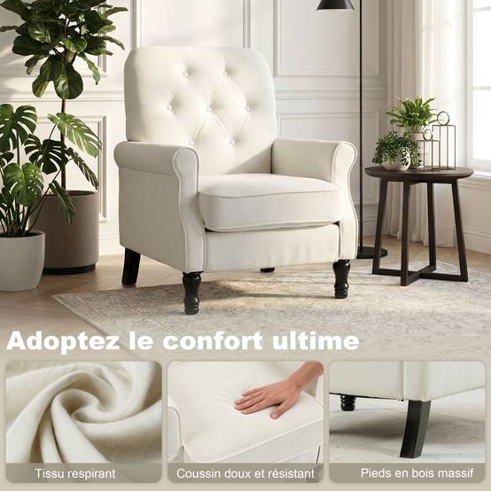 Fauteuil de salon, canapé 1 place avec assise rembourrée épaisse, coussin à ressorts, tissu en lin, 69x75x90cm, crème - Image 6
