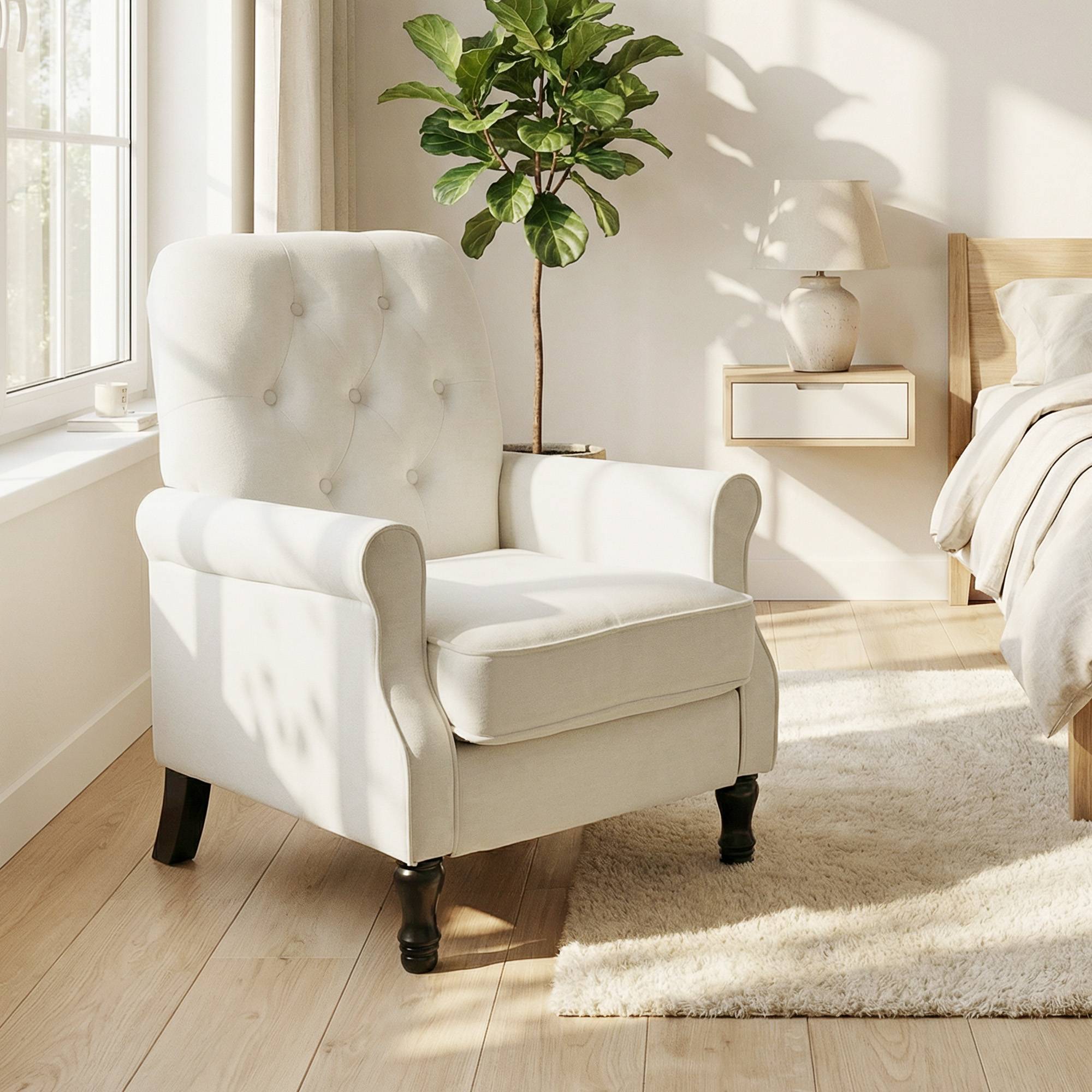 Fauteuil de salon, canapé 1 place avec assise rembourrée épaisse, coussin à ressorts, tissu en lin, 69x75x90cm, crème - Image 4