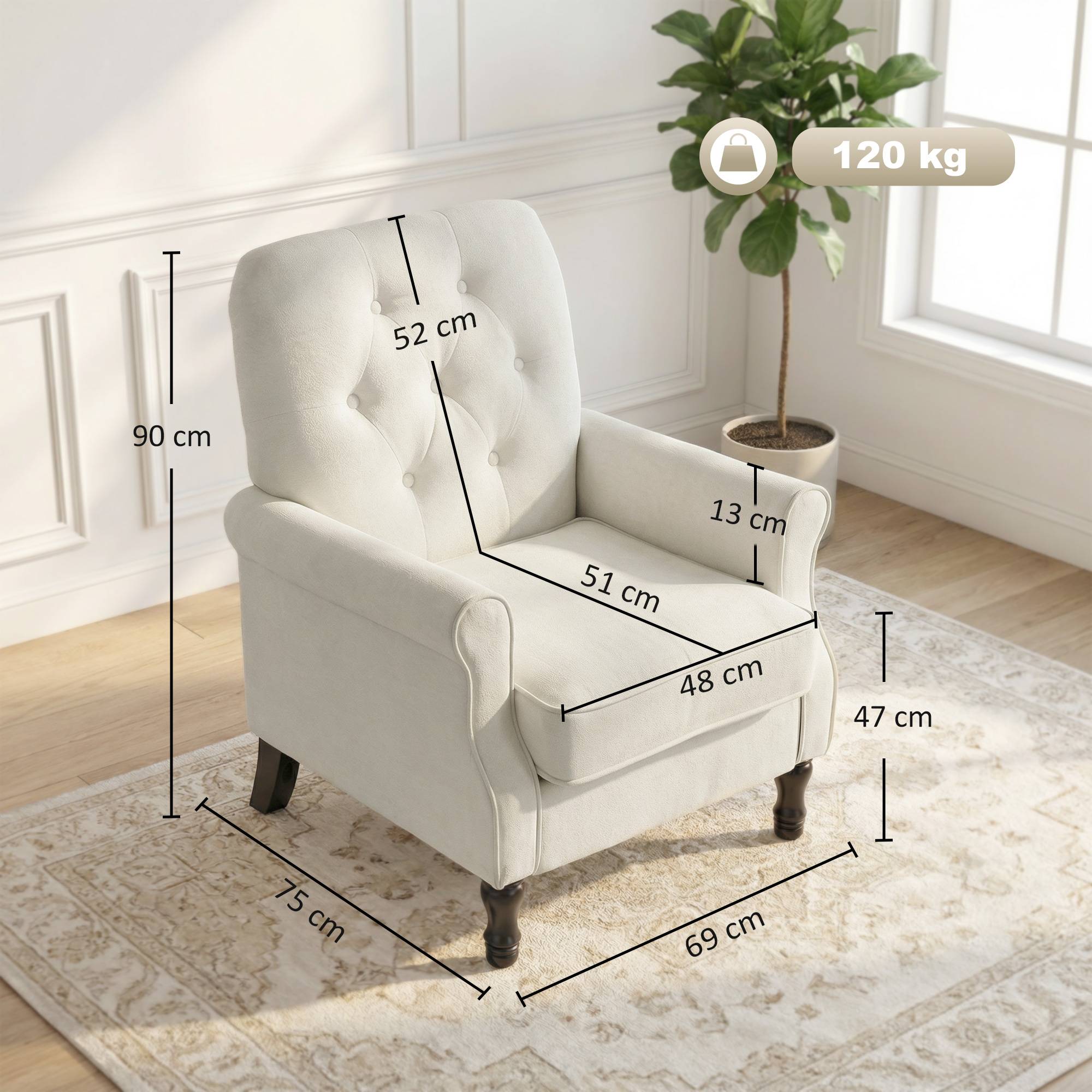 Fauteuil de salon, canapé 1 place avec assise rembourrée épaisse, coussin à ressorts, tissu en lin, 69x75x90cm, crème - Image 5