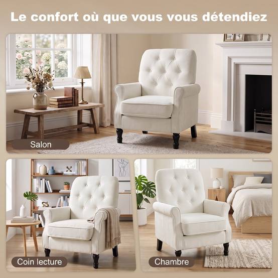 Fauteuil de salon, canapé 1 place avec assise rembourrée épaisse, coussin à ressorts, tissu en lin, 69x75x90cm, crème - Image 9
