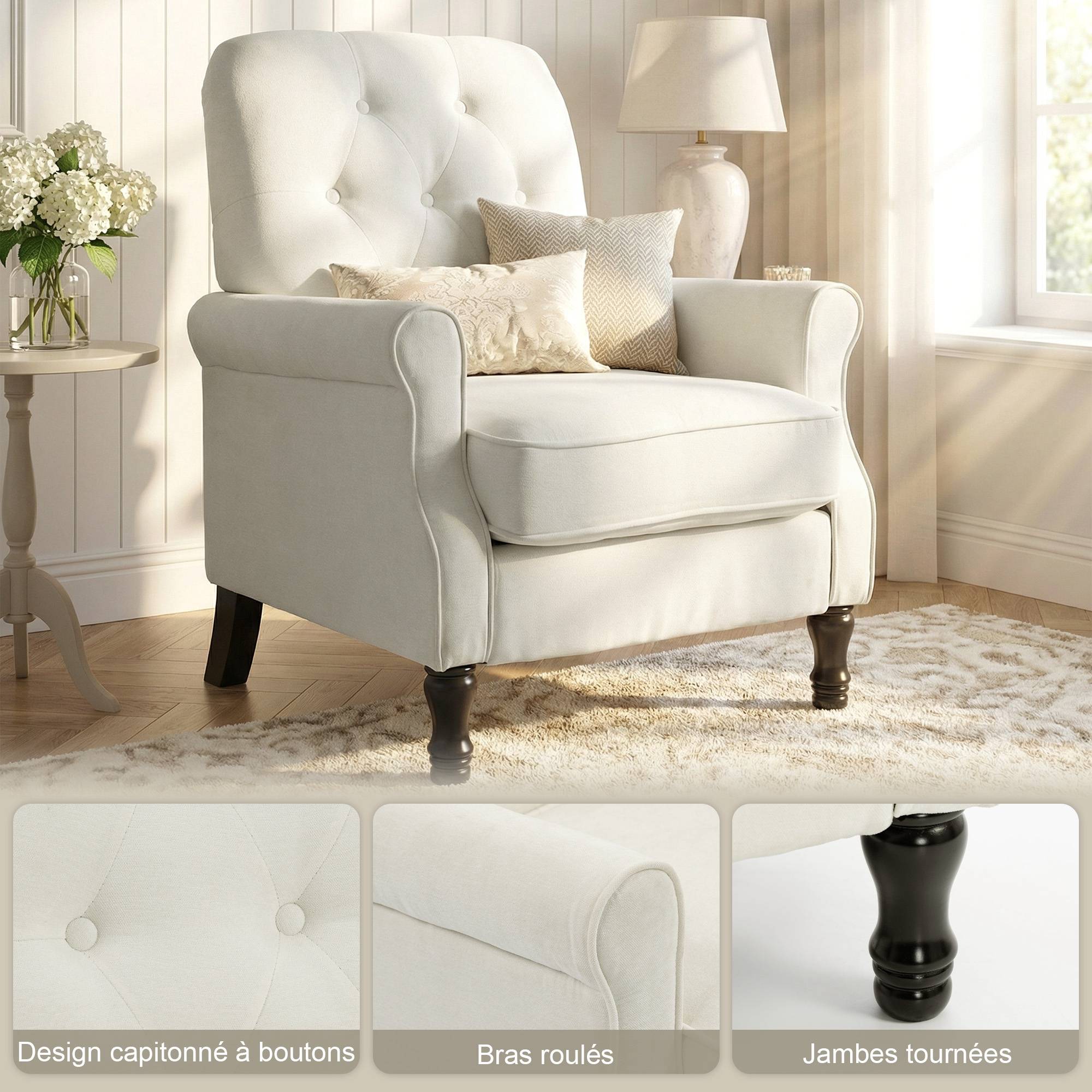 Fauteuil de salon, canapé 1 place avec assise rembourrée épaisse, coussin à ressorts, tissu en lin, 69x75x90cm, crème - Image 7