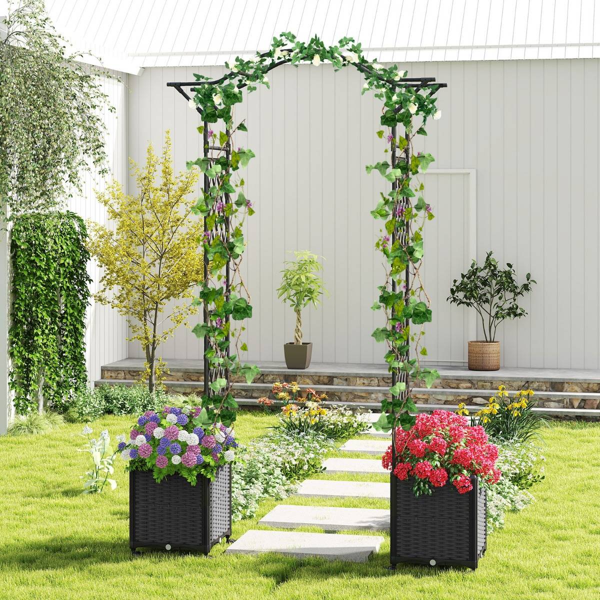 Arche de Jardin 2 en 1 avec Jardinière Arche en Métal et Pp Treillis Gris - Image 3