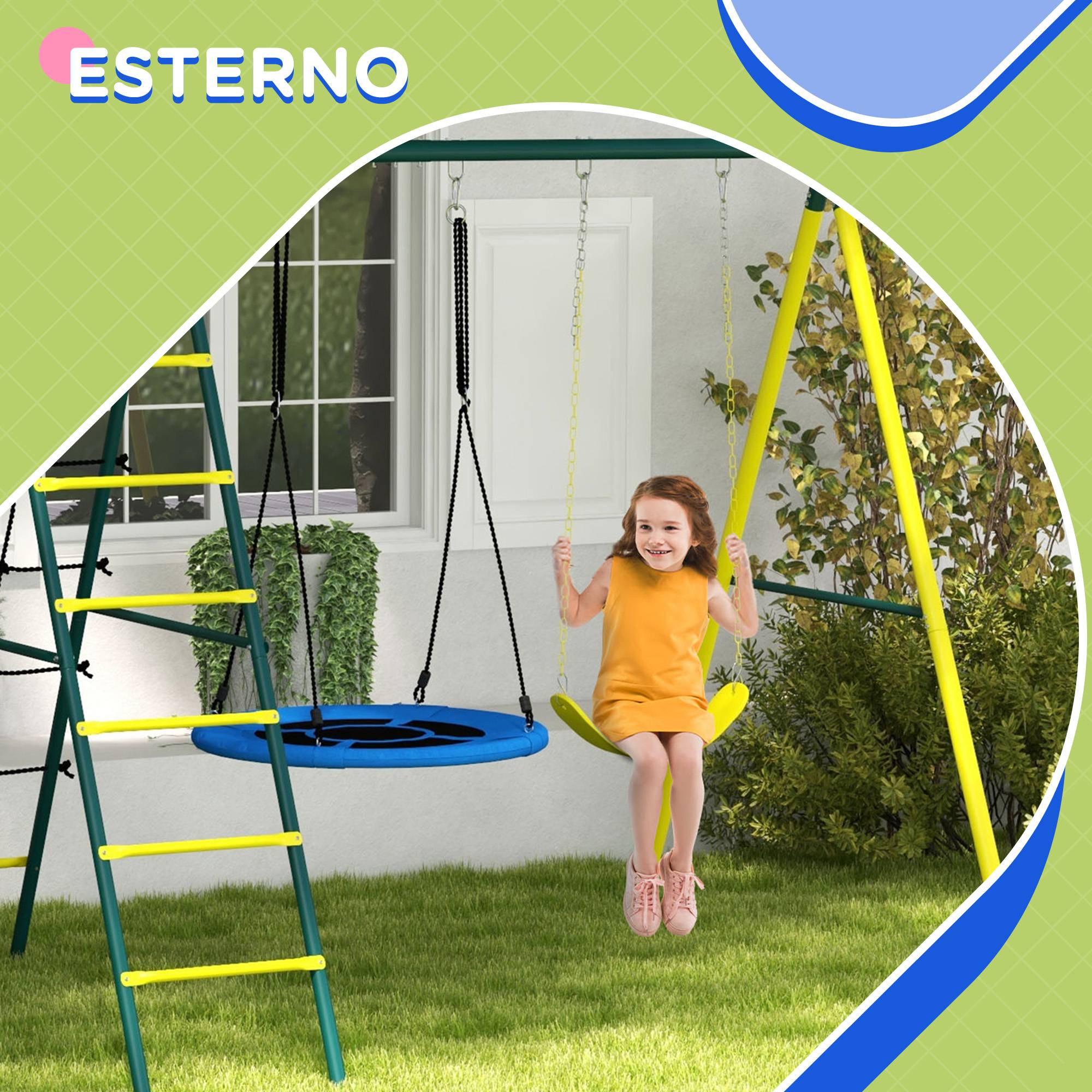 Balançoire de jardin ronde et classique avec échelles en acier, corde et panier de basket pour enfants de 3 à 8 ans - Image 8