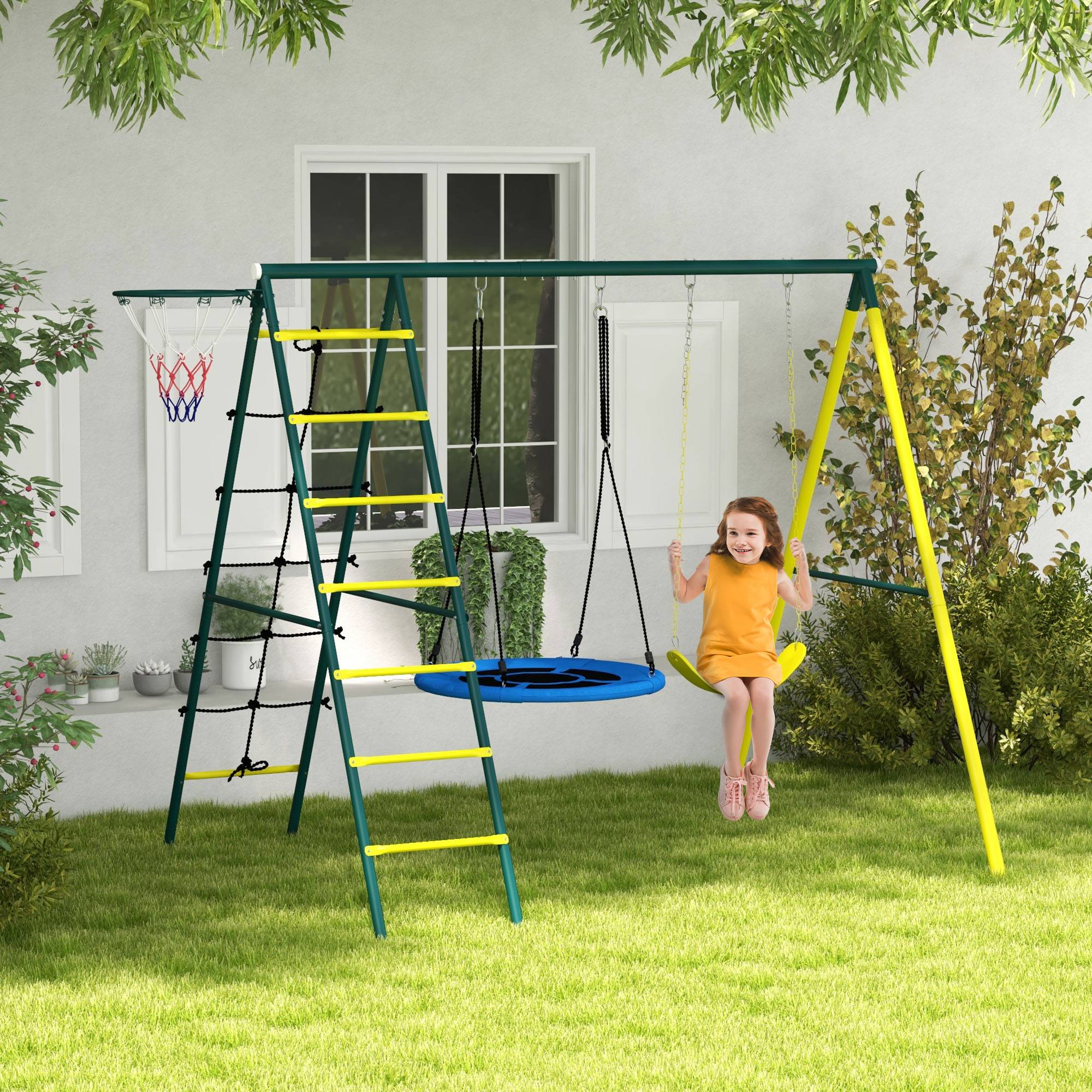 Balançoire de jardin ronde et classique avec échelles en acier, corde et panier de basket pour enfants de 3 à 8 ans - Image 4