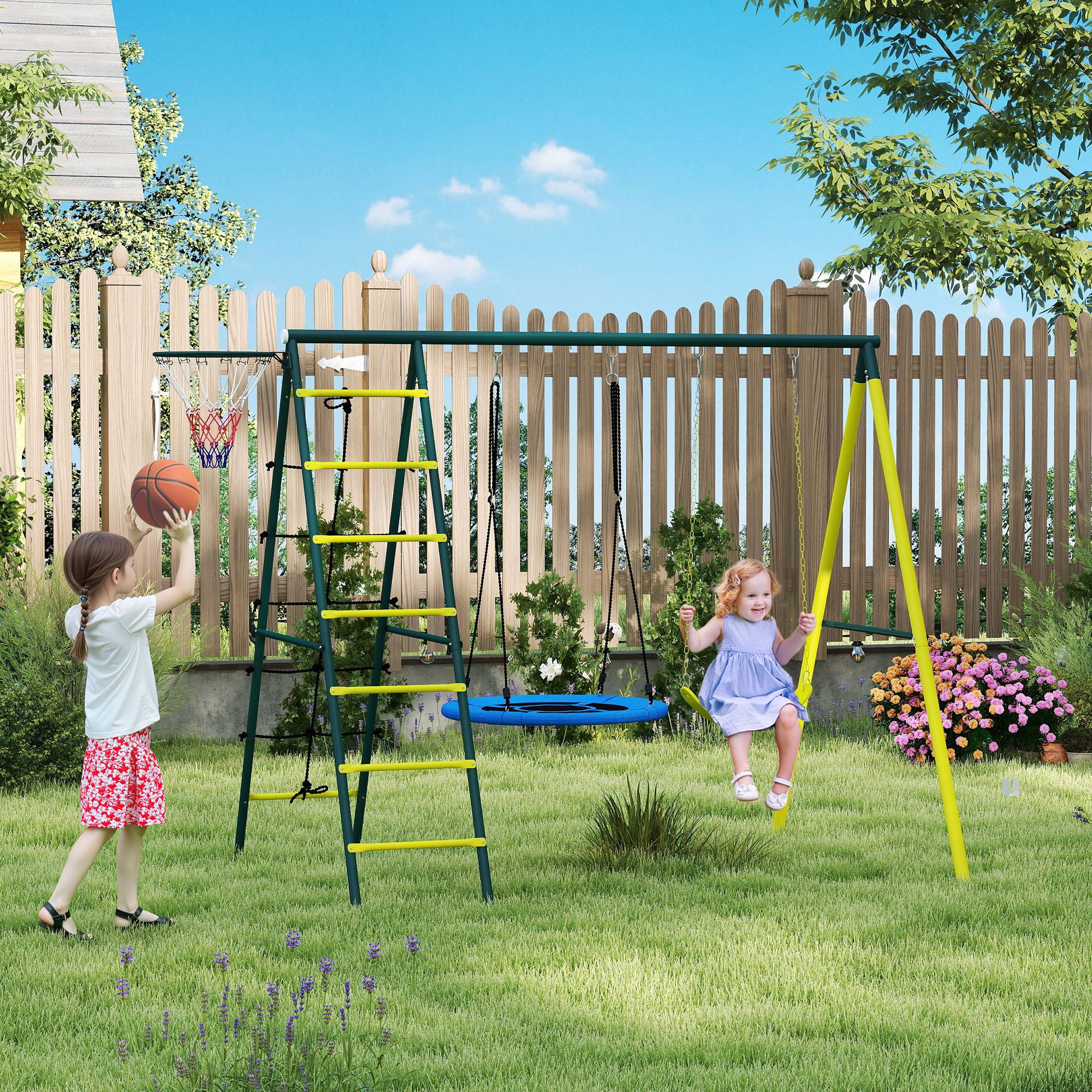 Balançoire de jardin ronde et classique avec échelles en acier, corde et panier de basket pour enfants de 3 à 8 ans - Image 3