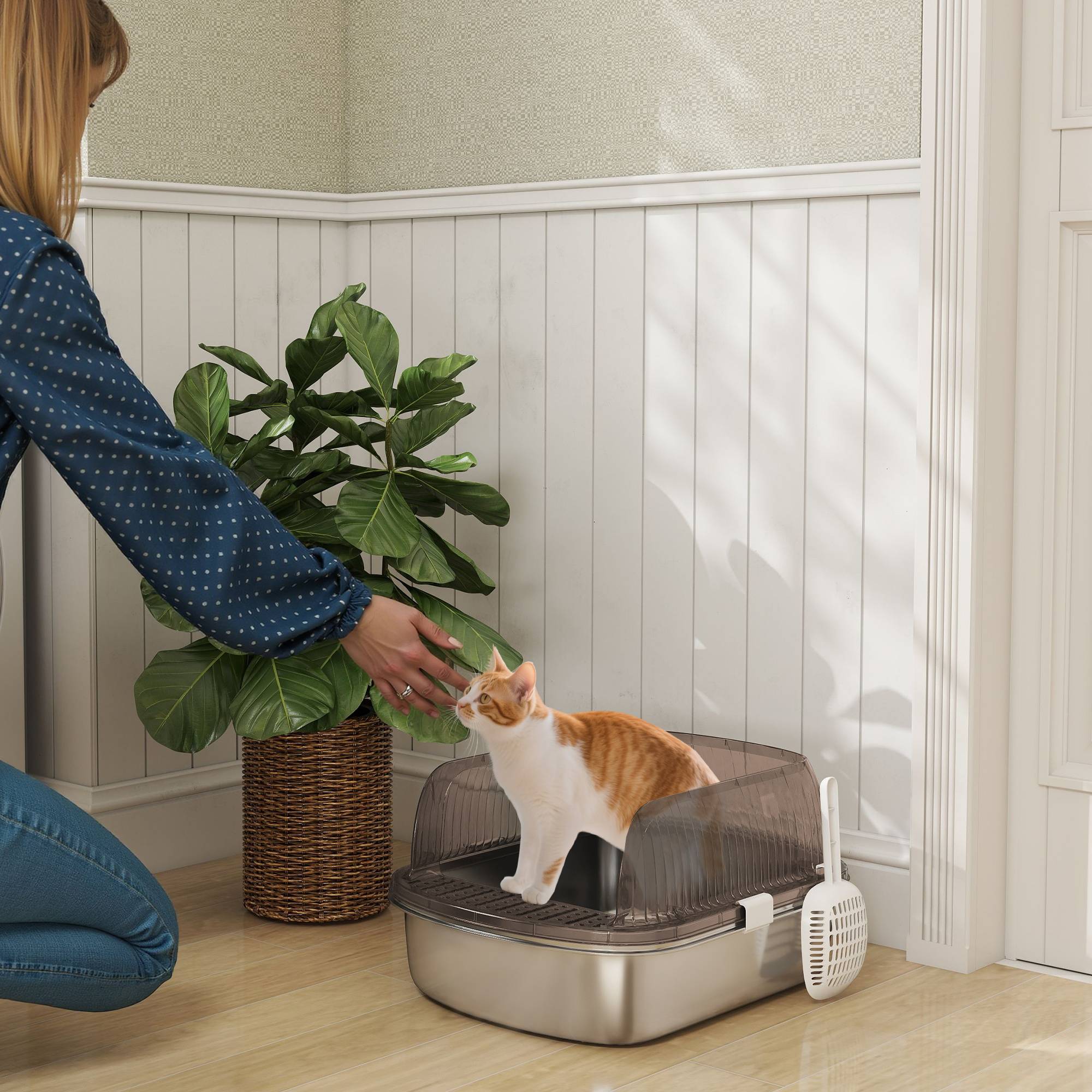Sans Marque - Litière inox, bord haut, bac, pelle incluse, pour grand chat, 53x42x27cm, Gris charbon - Image 3