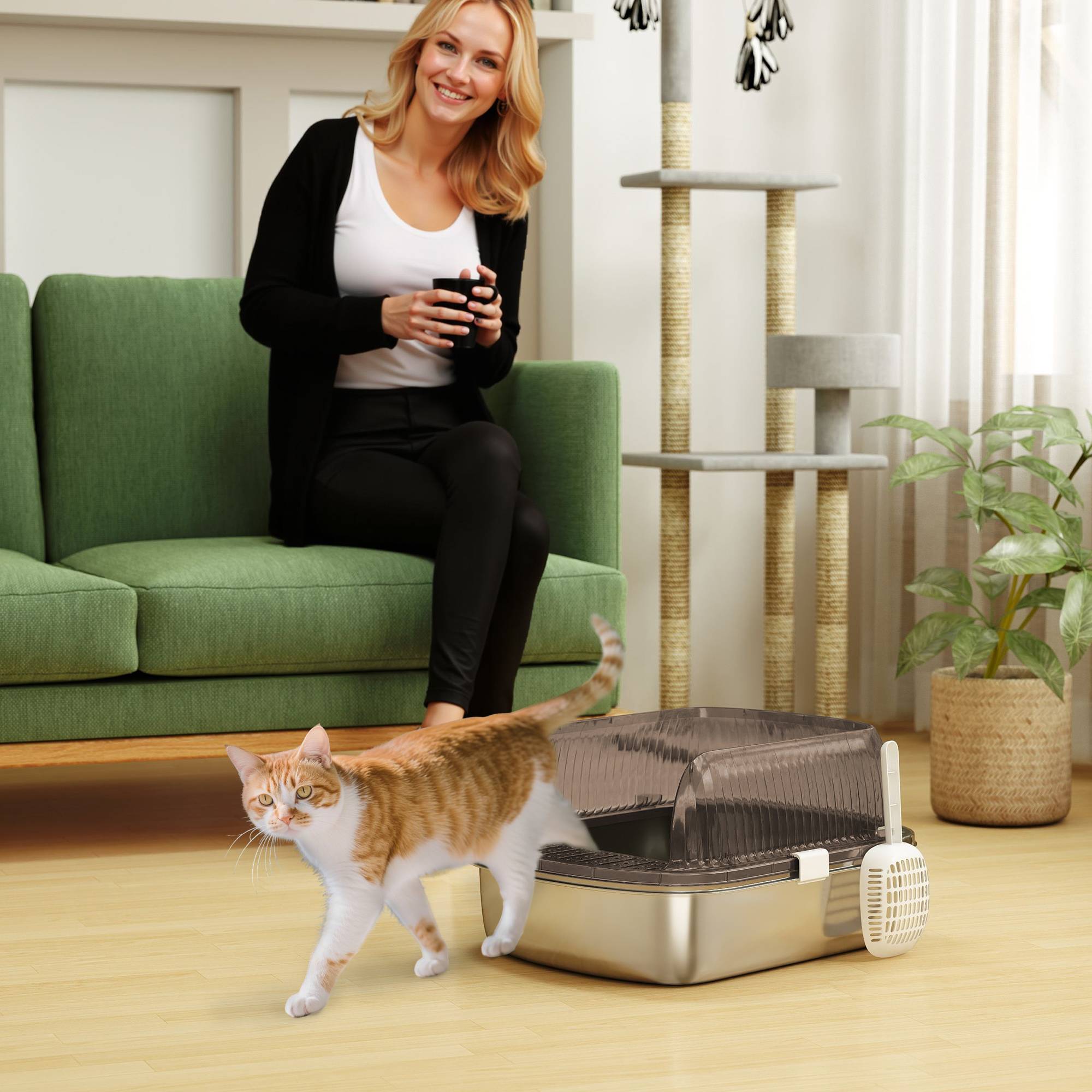 Sans Marque - Litière inox, bord haut, bac, pelle incluse, pour grand chat, 53x42x27cm, Gris charbon - Image 4