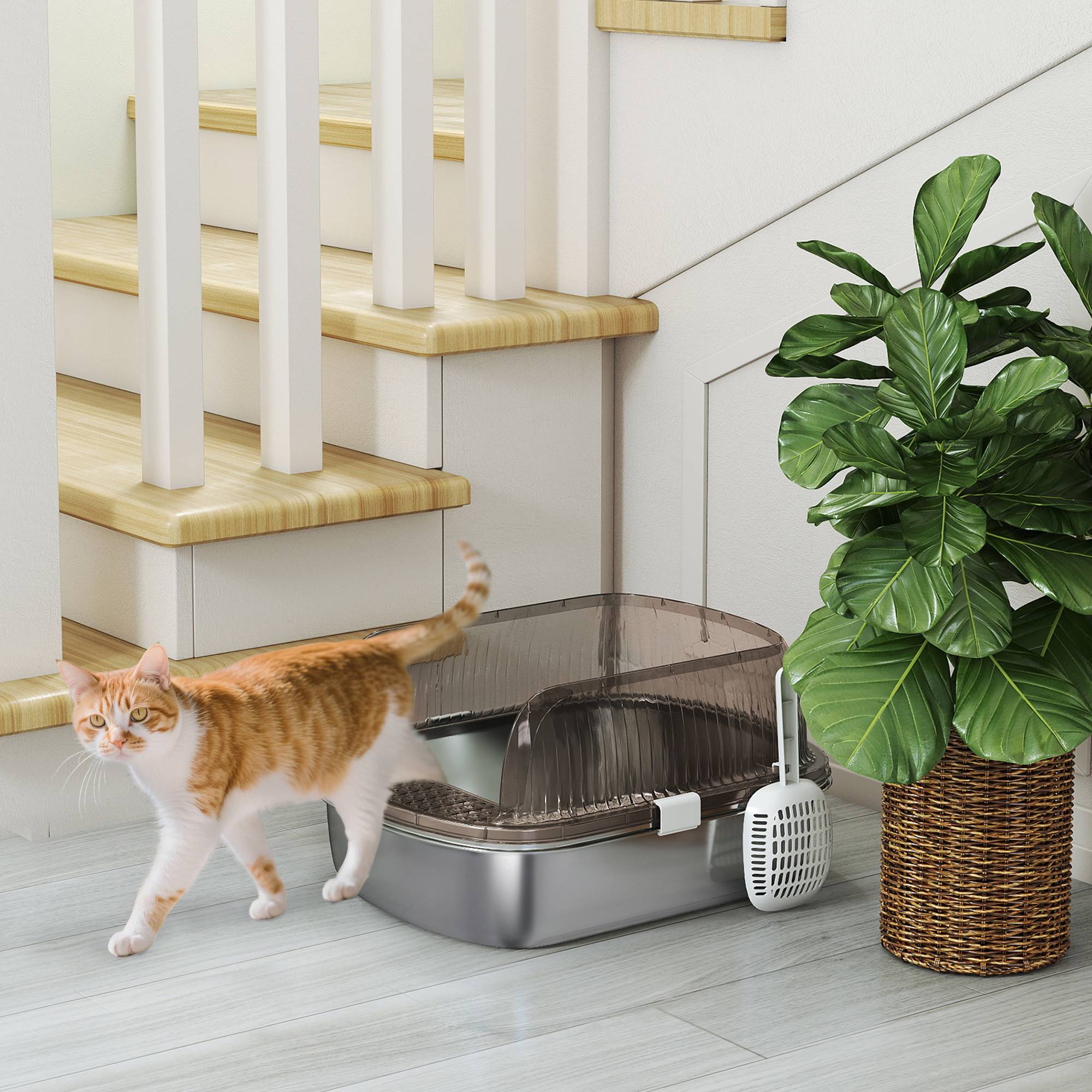 Sans Marque - Litière inox, bord haut, bac, pelle incluse, pour grand chat, 53x42x27cm, Gris charbon - Image 9