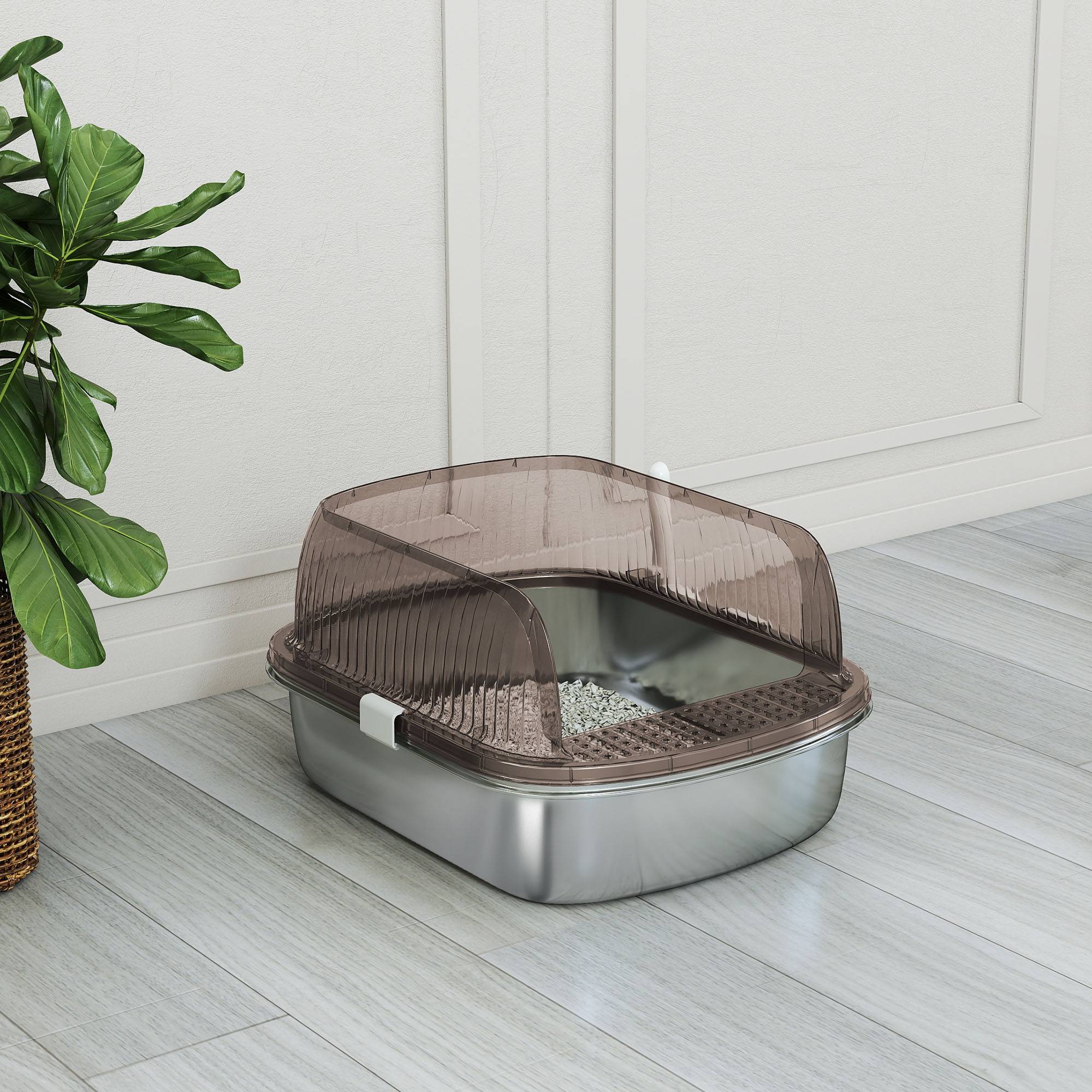 Sans Marque - Litière inox, bord haut, bac, pelle incluse, pour grand chat, 53x42x27cm, Gris charbon - Image 10