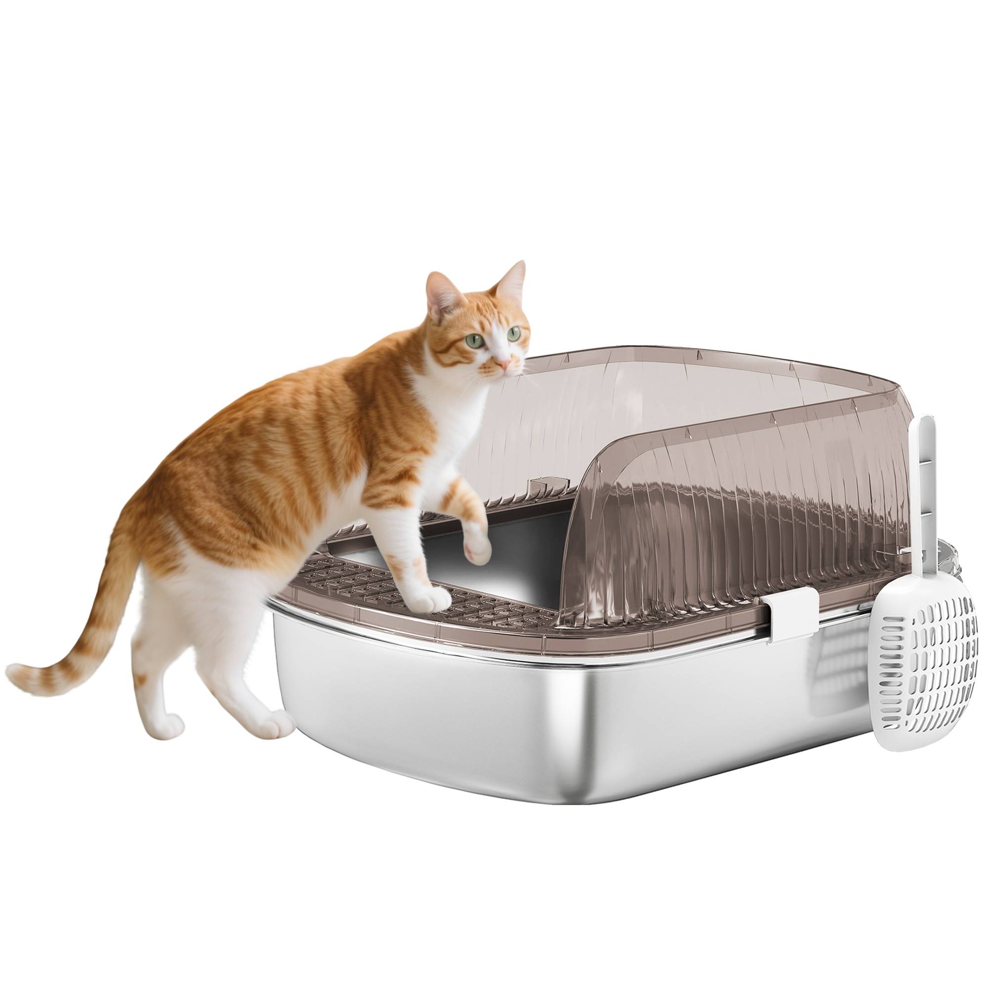 Sans Marque - Litière inox, bord haut, bac, pelle incluse, pour grand chat, 53x42x27cm, Gris charbon - Image 1