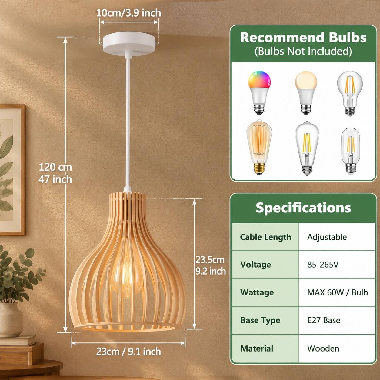 Suspension Luminaire Vintage Bois Artisanal Forme Cage Oiseau Réglable Blanc - Image 7