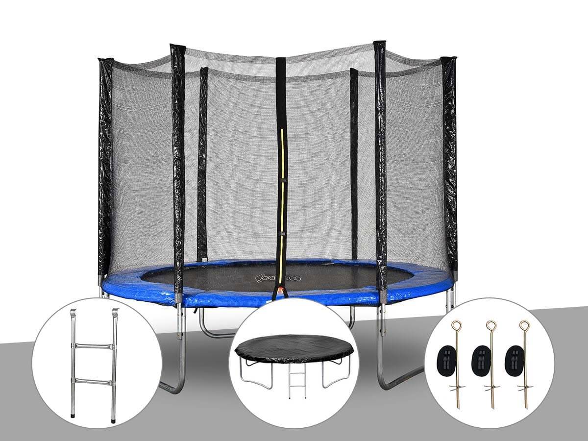 Jardideco - Kit trampoline Jardideco Atlas Ø 2,44 m Bleu + Echelle + Bâche de protection + Kit d'ancrage