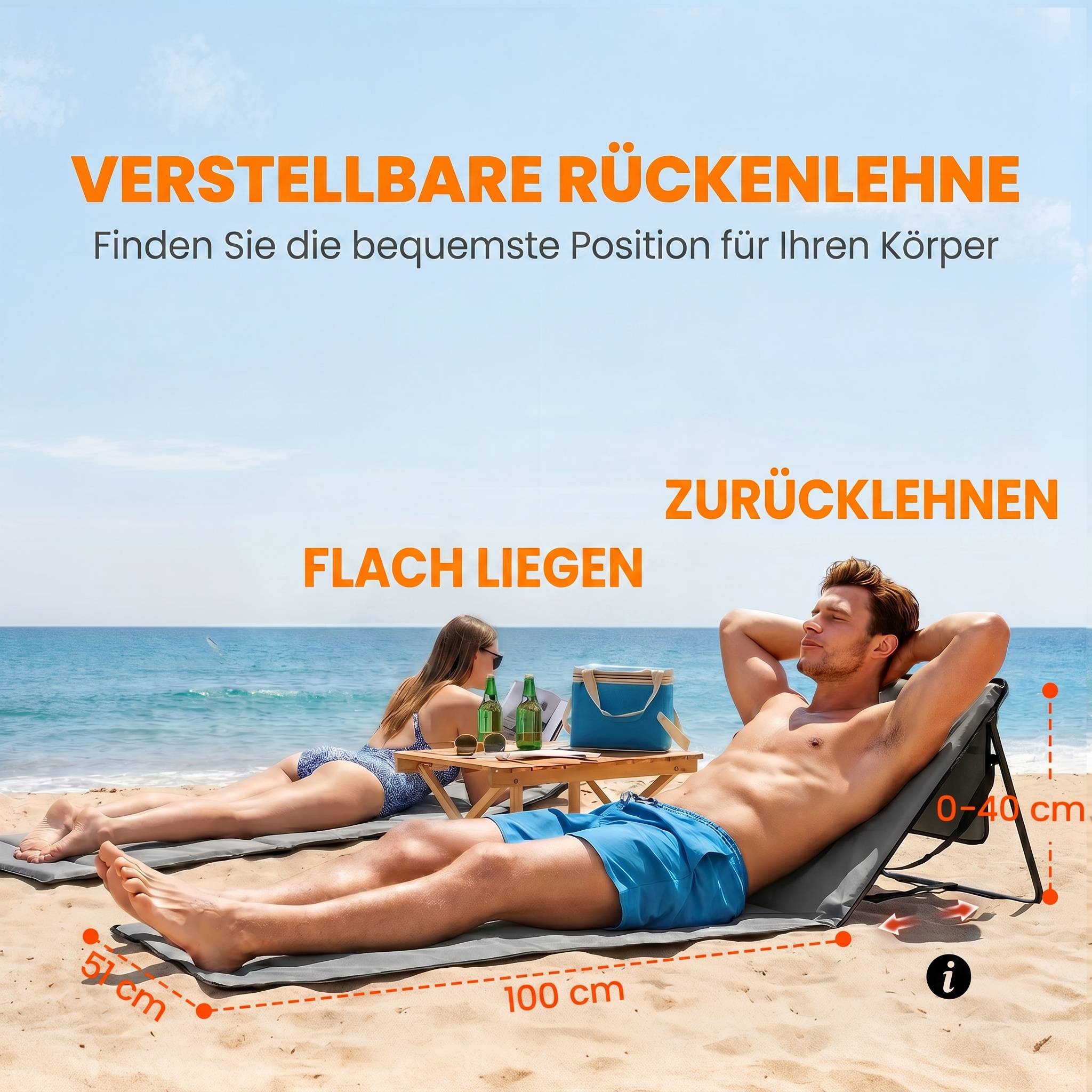 Transat de plage pliable avec dossier réglable, sangle de transport, rembourrage moelleux, structure en acier, gris, 142 x 51 x 40 cm - Image 7