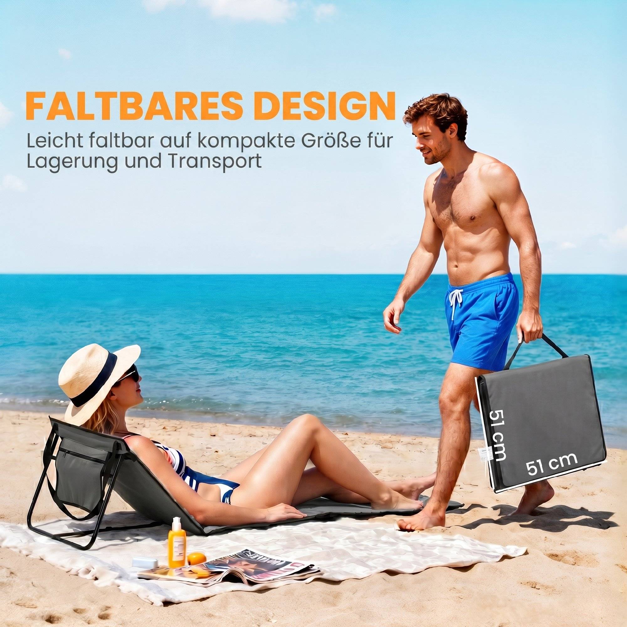 Transat de plage pliable avec dossier réglable, sangle de transport, rembourrage moelleux, structure en acier, gris, 142 x 51 x 40 cm - Image 8