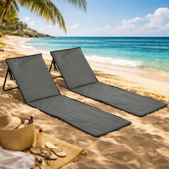 Transat de plage pliable avec dossier réglable, sangle de transport, rembourrage moelleux, structure en acier, gris, 142 x 51 x 40 cm - Image 3