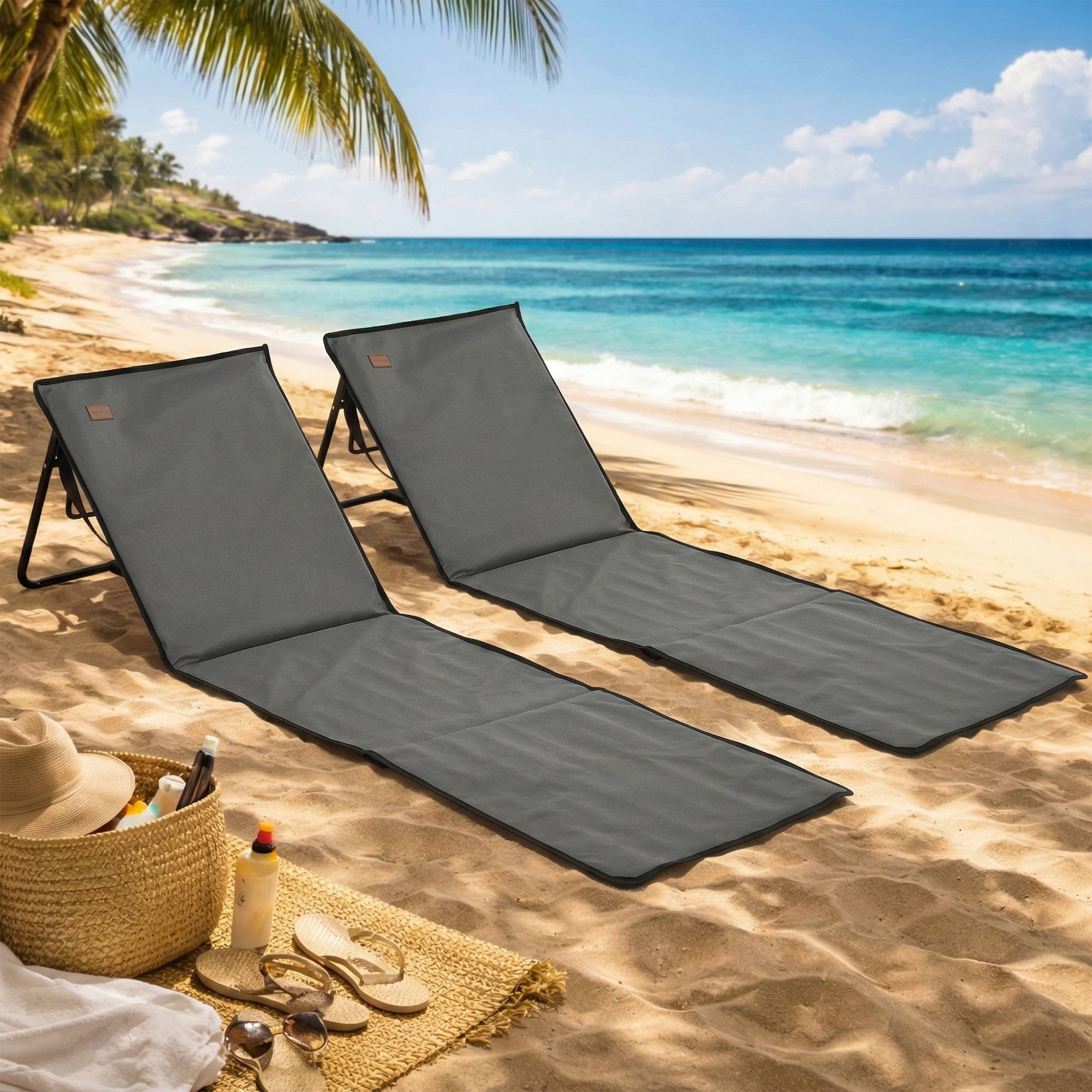 Transat de plage pliable avec dossier réglable, sangle de transport, rembourrage moelleux, structure en acier, gris, 142 x 51 x 40 cm - Image 3