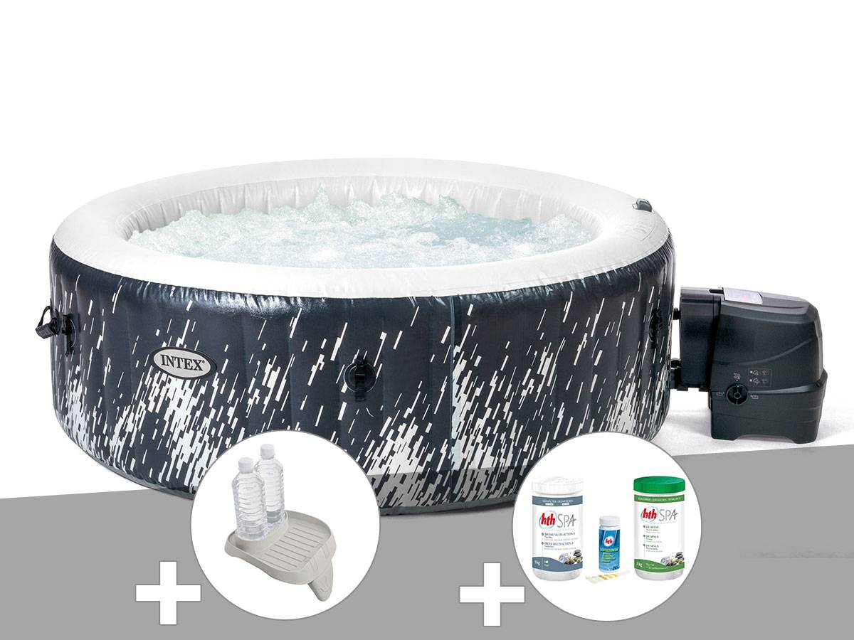 Kit spa gonflable Intex PureSpa Galaxie rond Bulles avec LED 4 places + Porte-verre + Kit de traitement brome