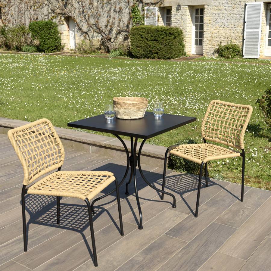Macabane - VIANNEY - Salon de jardin 2 personnes en acier noir - 1 table carrée 70x70cm et 2 chaises en cordage tressé beige - Image 3