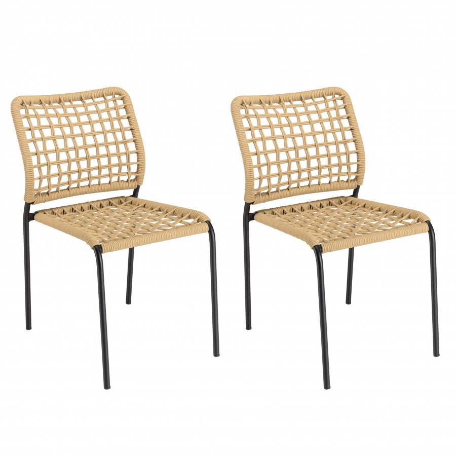 Macabane - VIANNEY - Salon de jardin 2 personnes en acier noir - 1 table carrée 70x70cm et 2 chaises en cordage tressé beige - Image 6