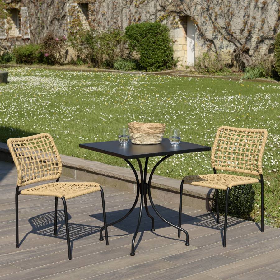 Macabane - VIANNEY - Salon de jardin 2 personnes en acier noir - 1 table carrée 70x70cm et 2 chaises en cordage tressé beige - Image 2