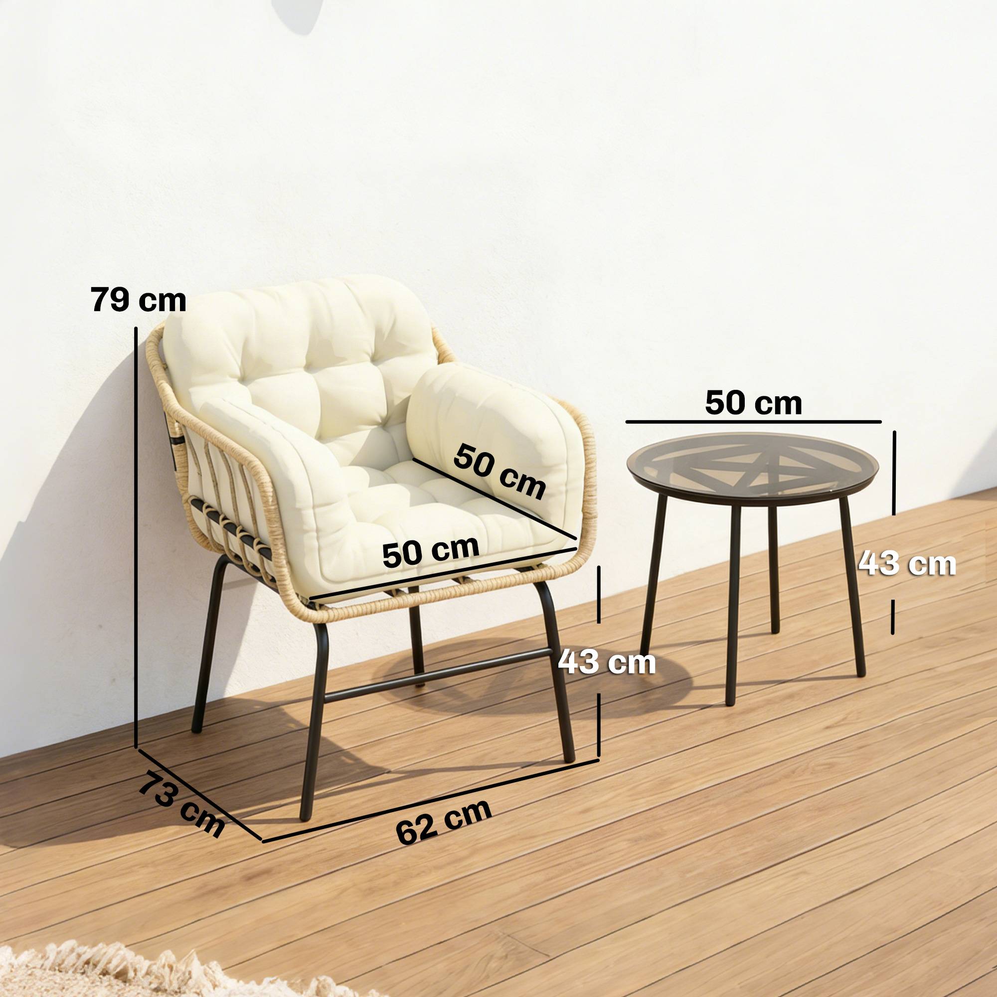 ComfortXL - Salon de Jardin Bistro Métal Résine Tressée Terrasse 2 Fauteuils Table Verre Kaki - ComfortXL Outdoor Living - Image 5