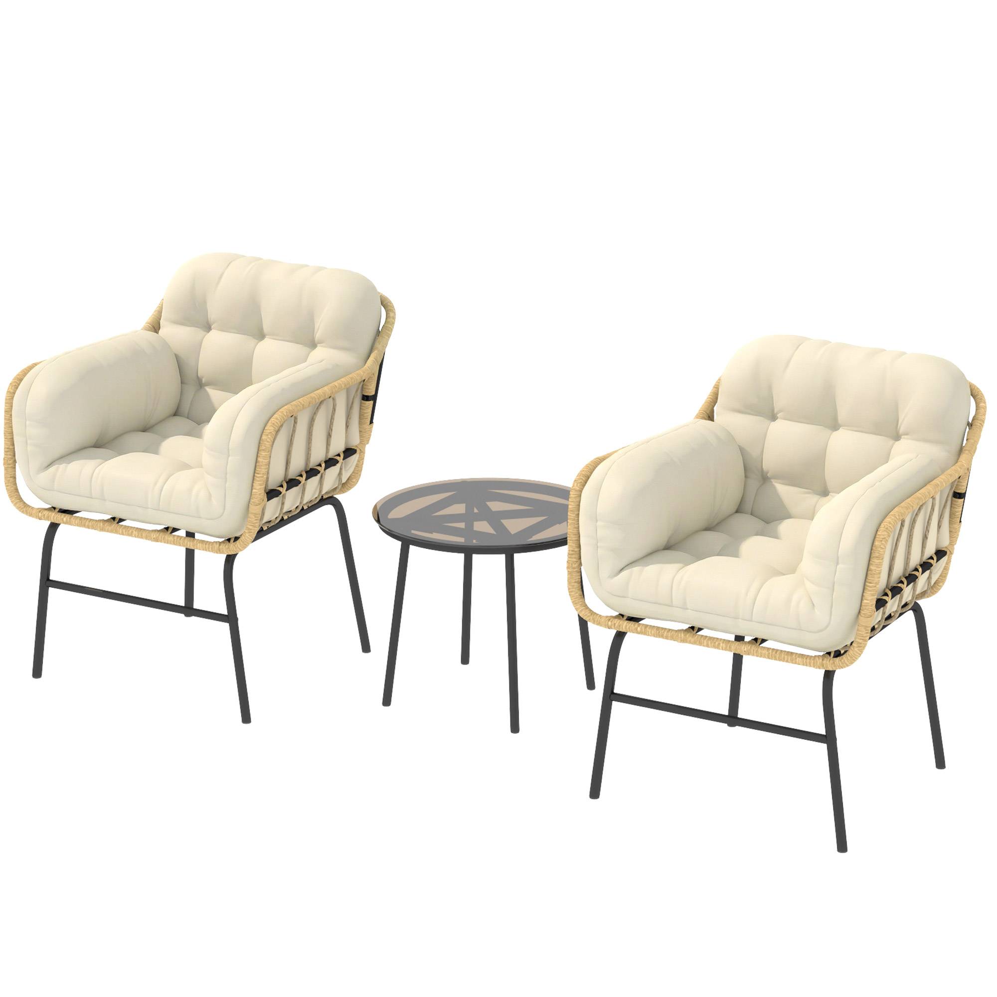 ComfortXL - Salon de Jardin Bistro Métal Résine Tressée Terrasse 2 Fauteuils Table Verre Kaki - ComfortXL Outdoor Living - Image 2