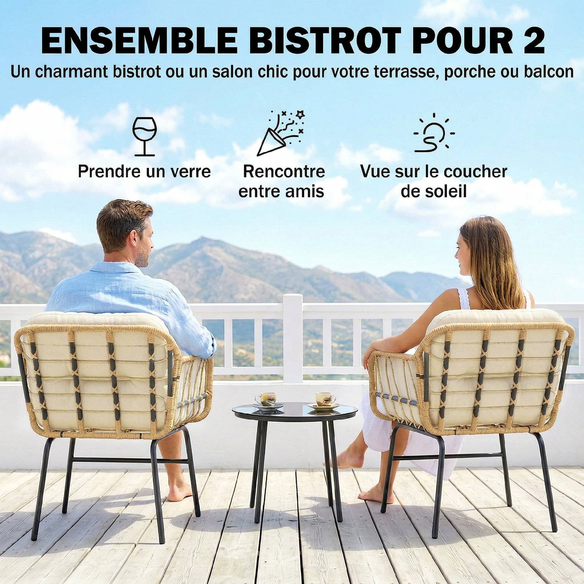 ComfortXL - Salon de Jardin Bistro Métal Résine Tressée Terrasse 2 Fauteuils Table Verre Kaki - ComfortXL Outdoor Living - Image 6