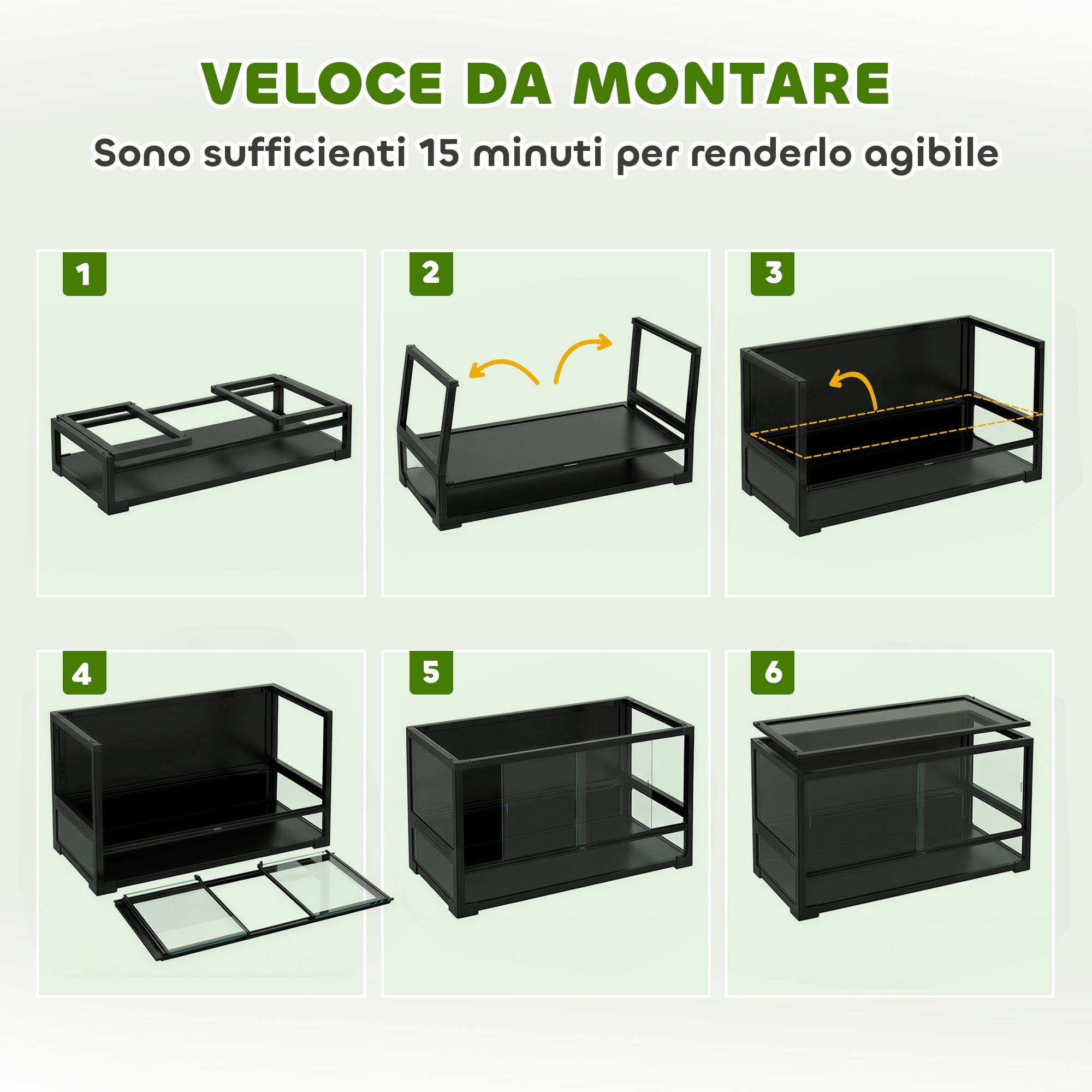Sans Marque - Rettilario Rialzato e Pieghevole con Coperchio e Pareti in Vetro Temperato e Plastica, 60x45x32 cm, Nero - Image 4