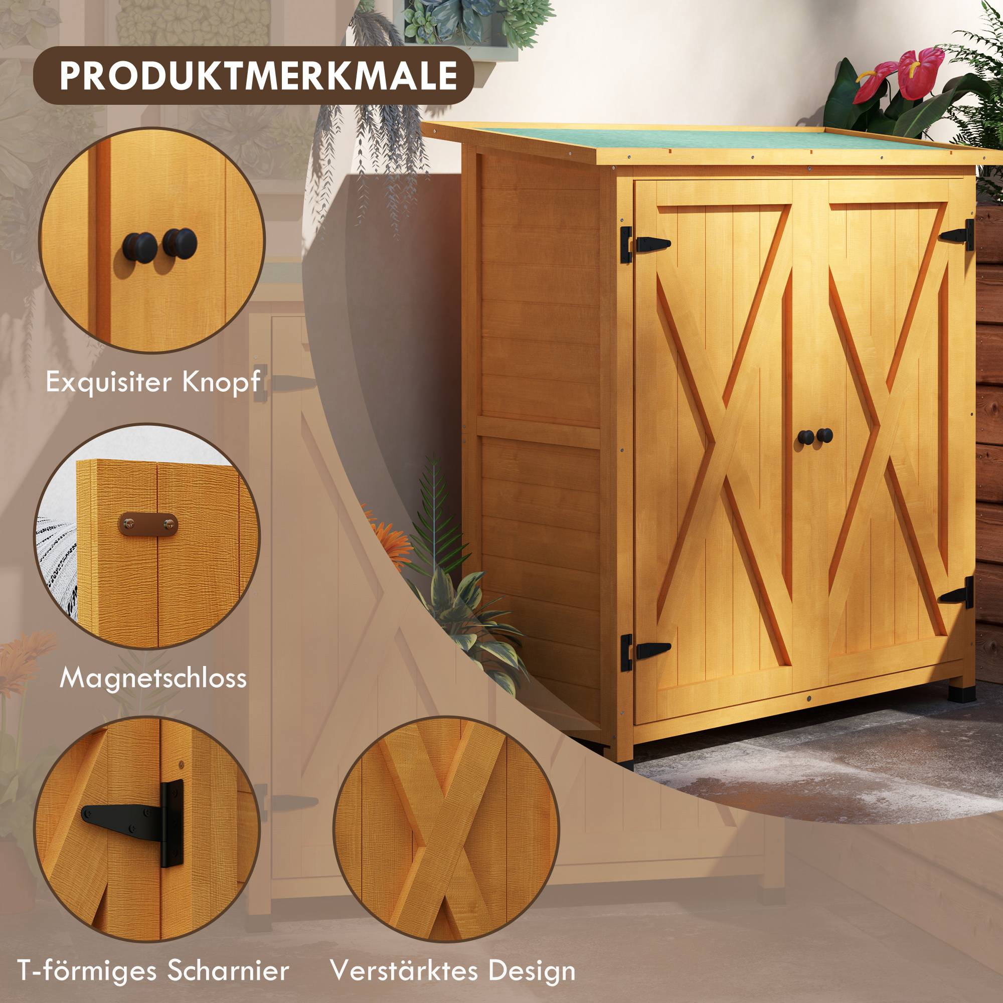 ComfortXL - Armoire de jardin bois de sapin 110 x 55 x 117 cm jaune rangement extérieur 2 portes toit bitumé pour outils - Image 5