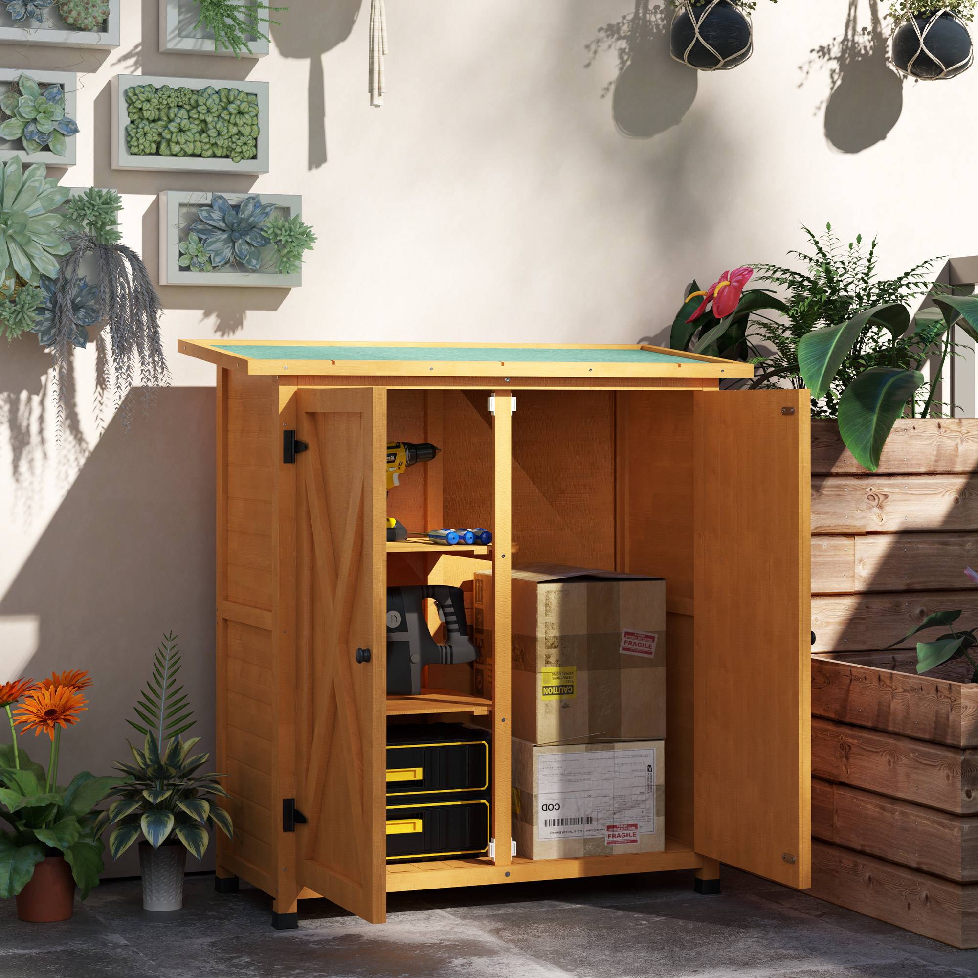 ComfortXL - Armoire de jardin bois de sapin 110 x 55 x 117 cm jaune rangement extérieur 2 portes toit bitumé pour outils - Image 1