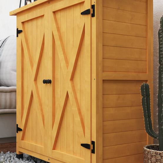 ComfortXL - Armoire de jardin bois de sapin 110 x 55 x 117 cm jaune rangement extérieur 2 portes toit bitumé pour outils - Image 9