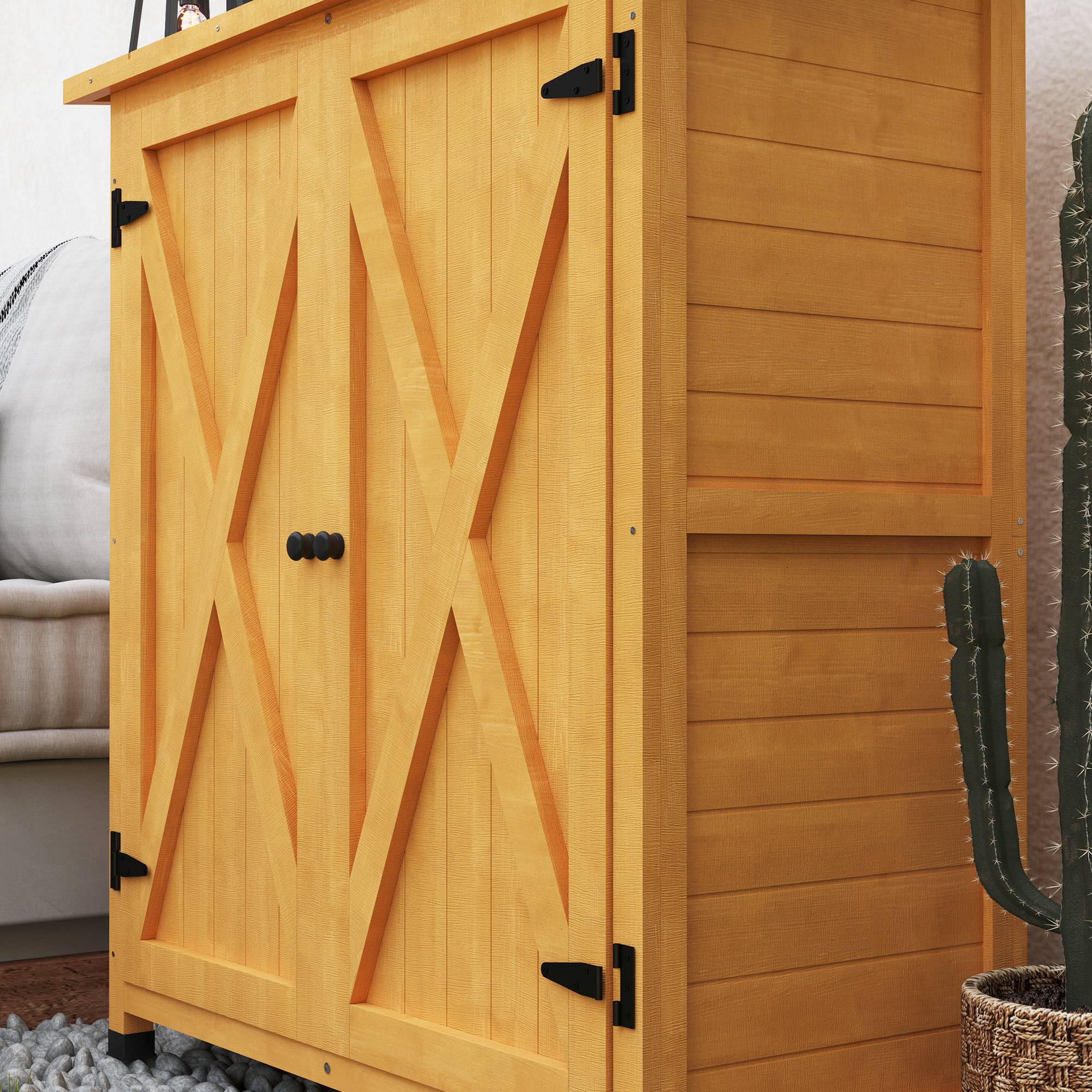 ComfortXL - Armoire de jardin bois de sapin 110 x 55 x 117 cm jaune rangement extérieur 2 portes toit bitumé pour outils - Image 9