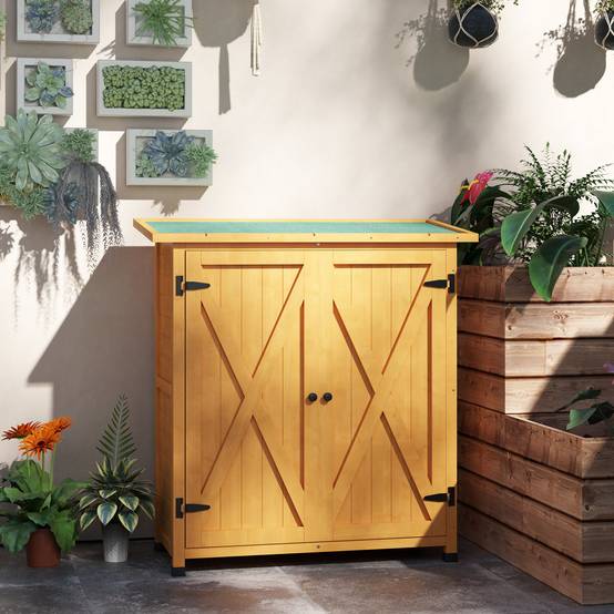 ComfortXL - Armoire de jardin bois de sapin 110 x 55 x 117 cm jaune rangement extérieur 2 portes toit bitumé pour outils - Image 8