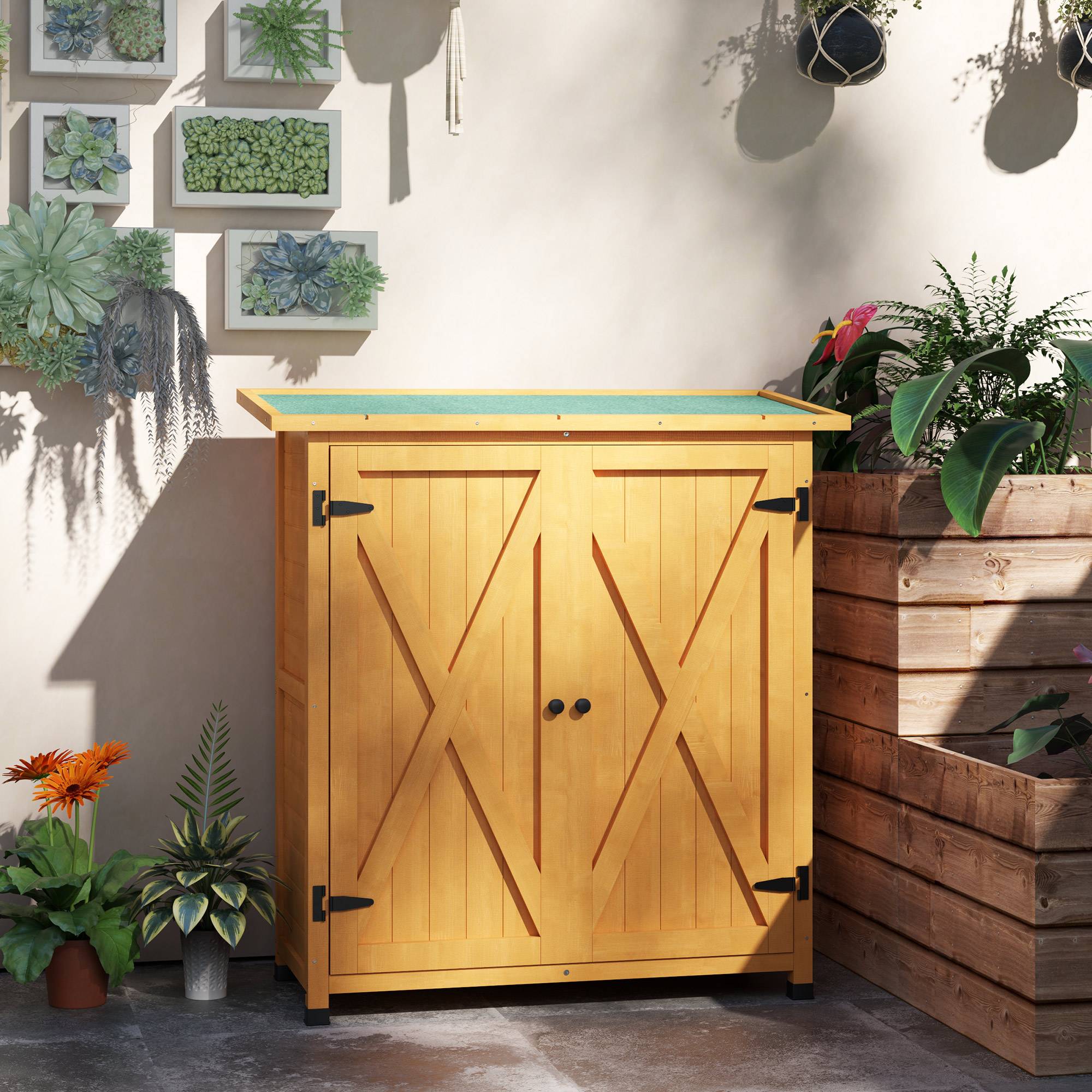 ComfortXL - Armoire de jardin bois de sapin 110 x 55 x 117 cm jaune rangement extérieur 2 portes toit bitumé pour outils - Image 8