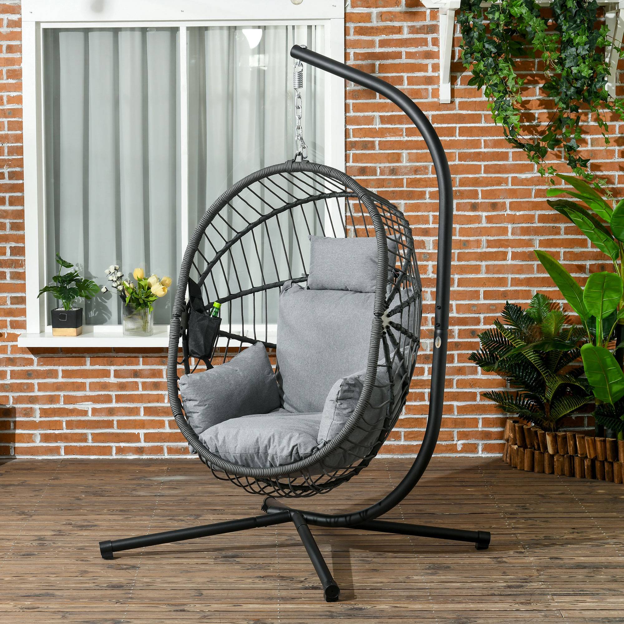 Fauteuil œuf suspendu, chaise hamac balançoire intérieur et extérieur, panier pliable, coussin rembourré, gris - Image 3