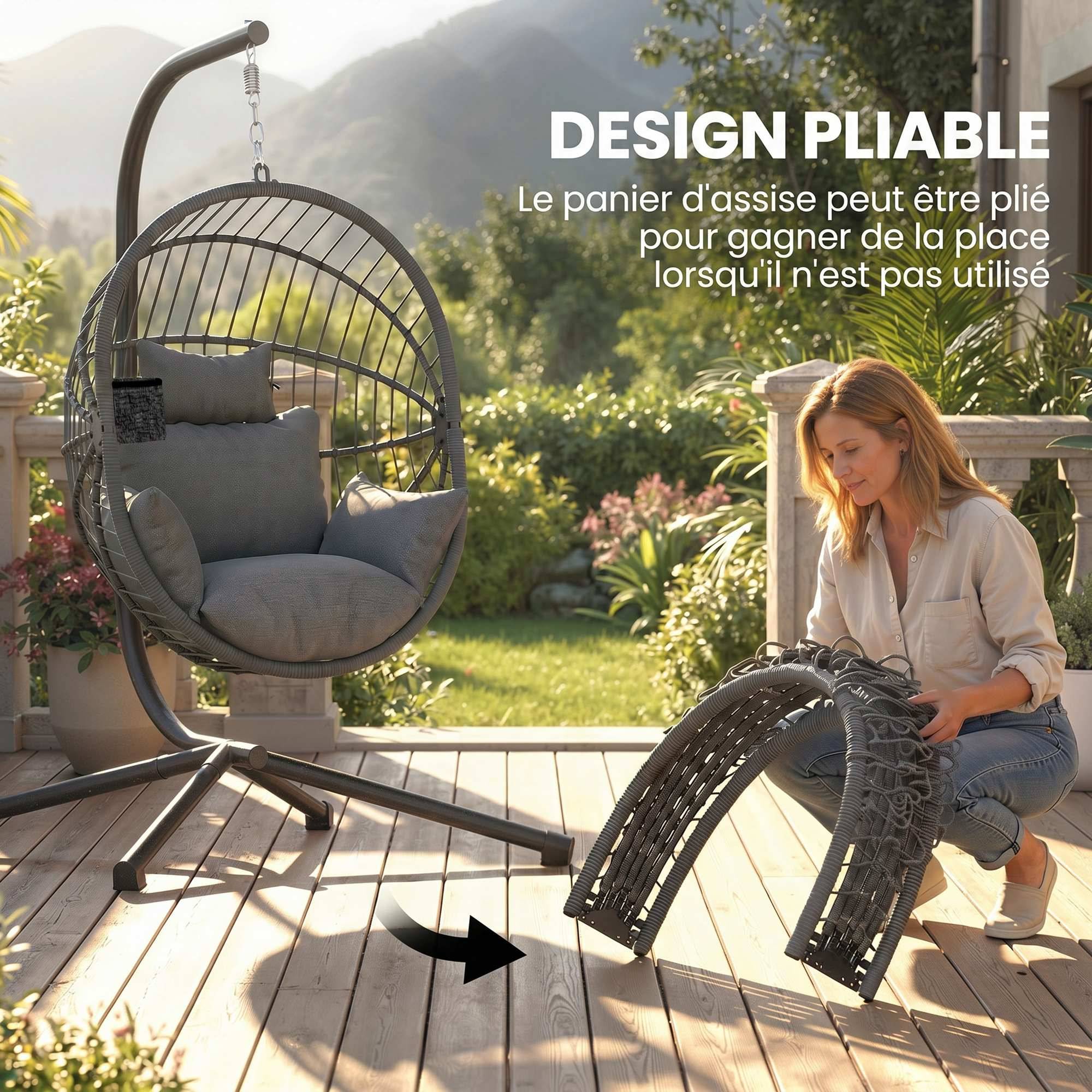 Fauteuil œuf suspendu, chaise hamac balançoire intérieur et extérieur, panier pliable, coussin rembourré, gris - Image 7