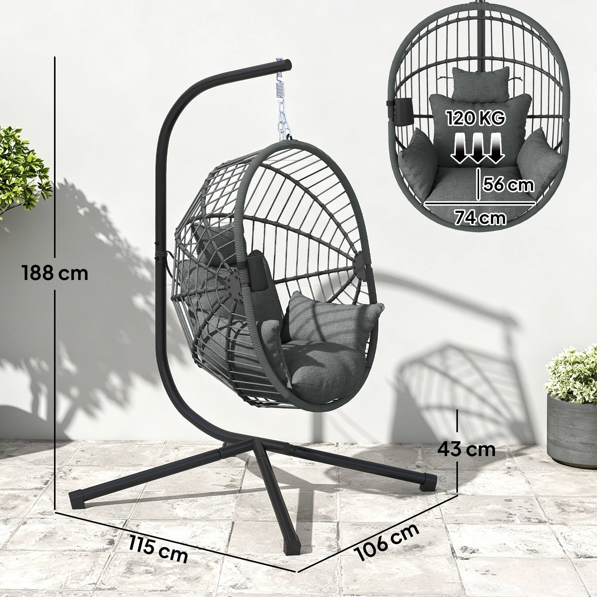 Fauteuil œuf suspendu, chaise hamac balançoire intérieur et extérieur, panier pliable, coussin rembourré, gris - Image 5