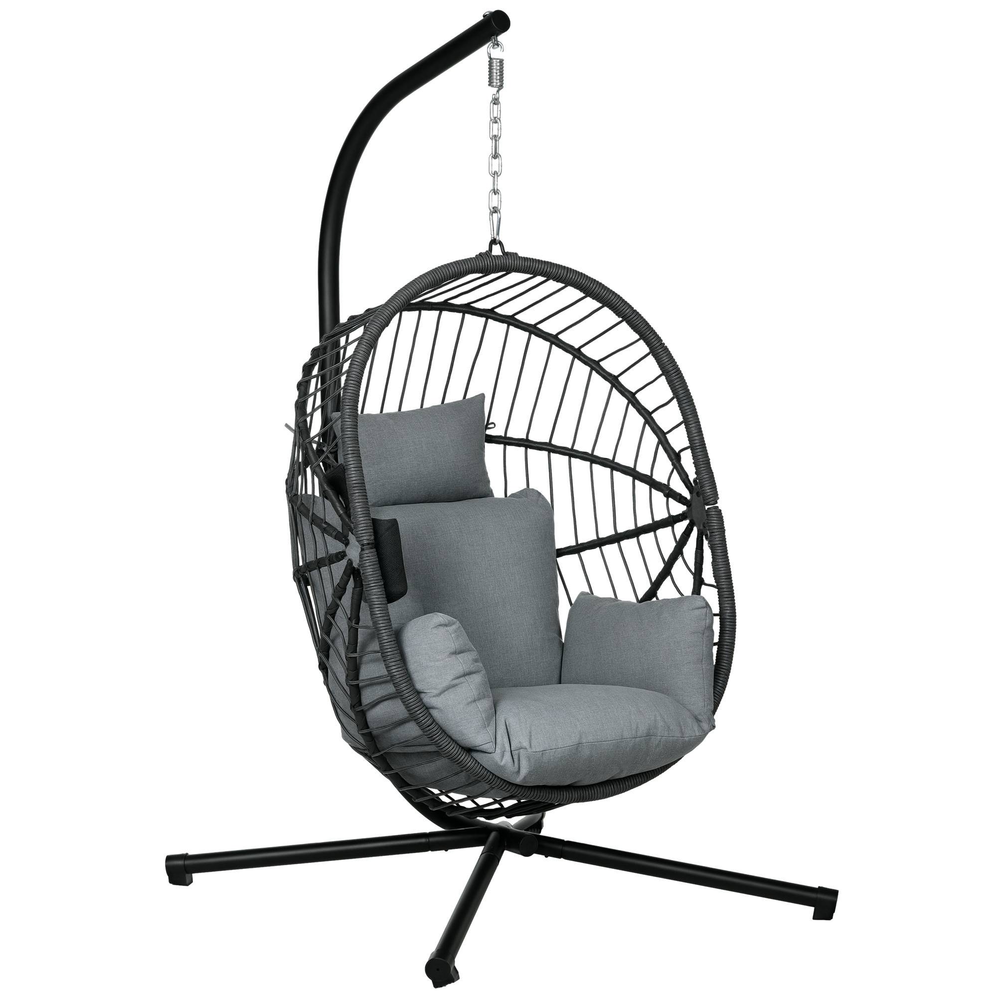 Fauteuil œuf suspendu, chaise hamac balançoire intérieur et extérieur, panier pliable, coussin rembourré, gris - Image 1