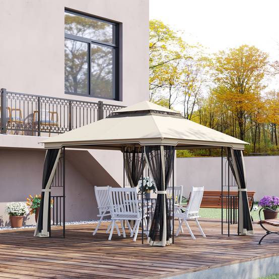 Pavillon 2,99x2,99 m beige métal et polyester à double toit, 4 murs latéraux pour fêtes - Image 2