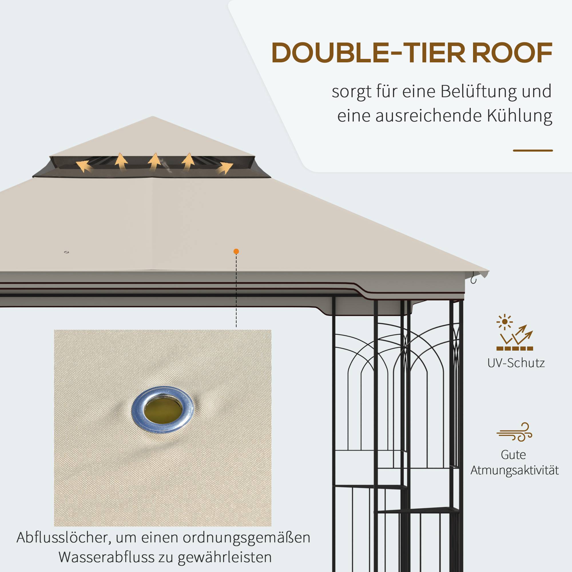 Pavillon 2,99x2,99 m beige métal et polyester à double toit, 4 murs latéraux pour fêtes - Image 4