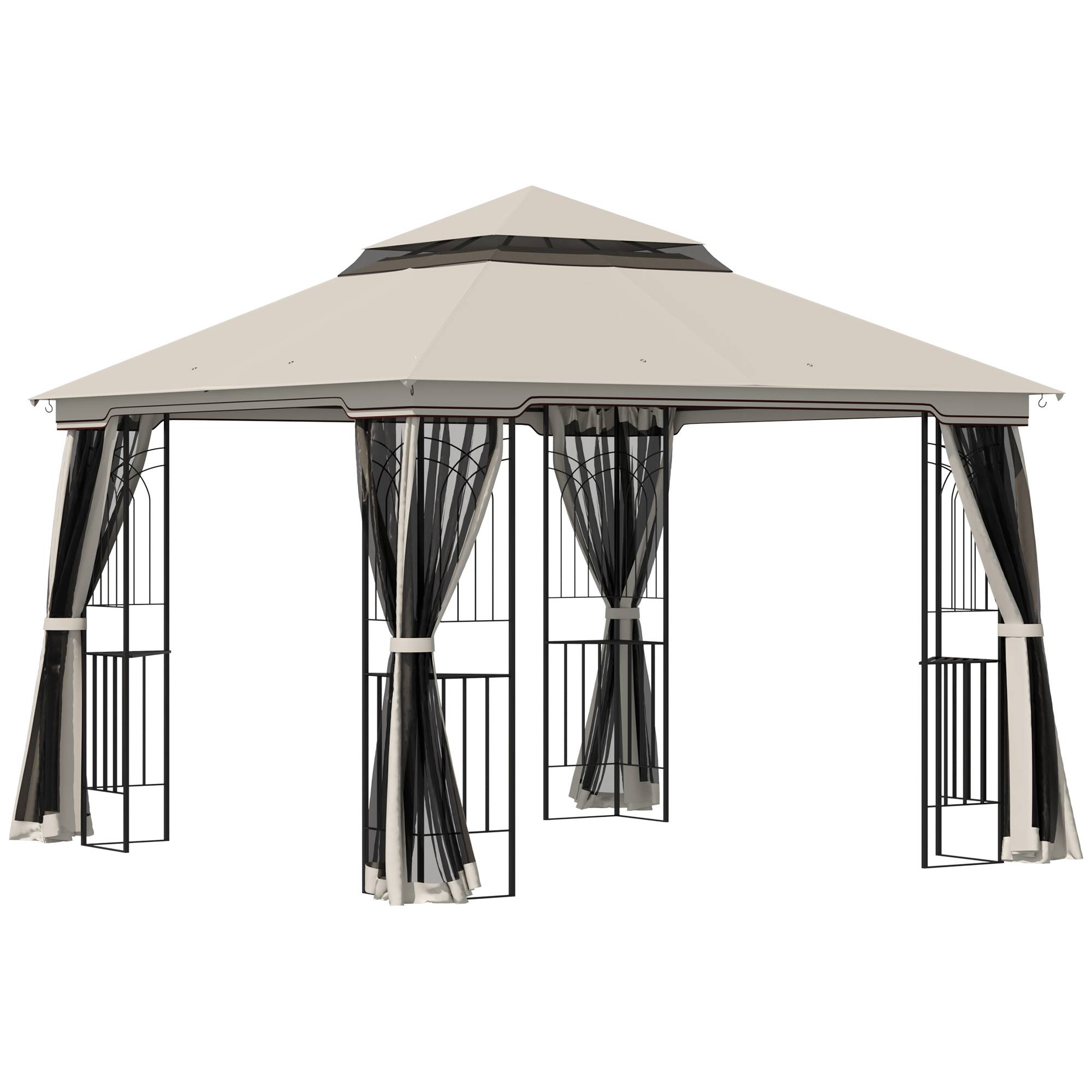 Pavillon 2,99x2,99 m beige métal et polyester à double toit, 4 murs latéraux pour fêtes - Image 1