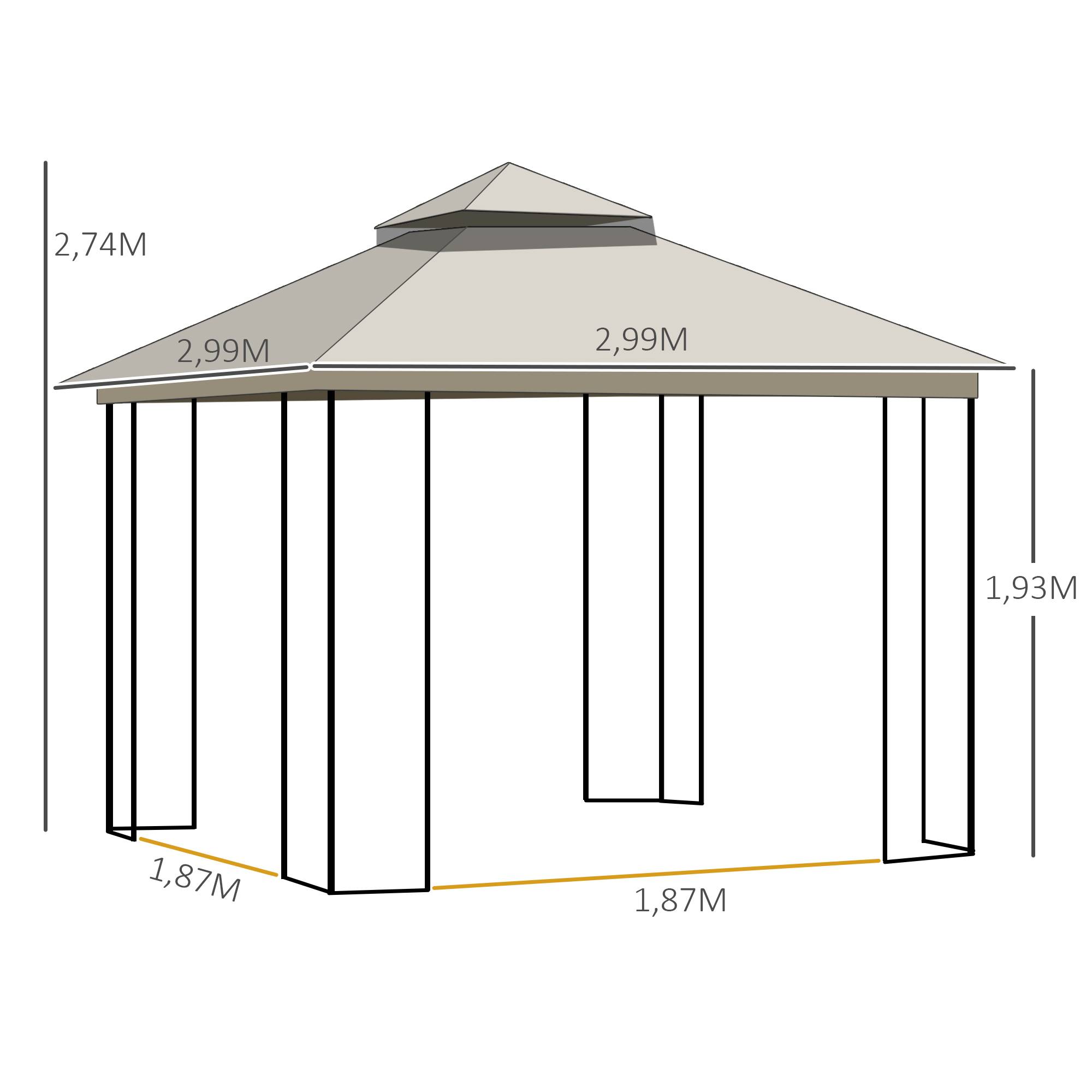 Pavillon 2,99x2,99 m beige métal et polyester à double toit, 4 murs latéraux pour fêtes - Image 3